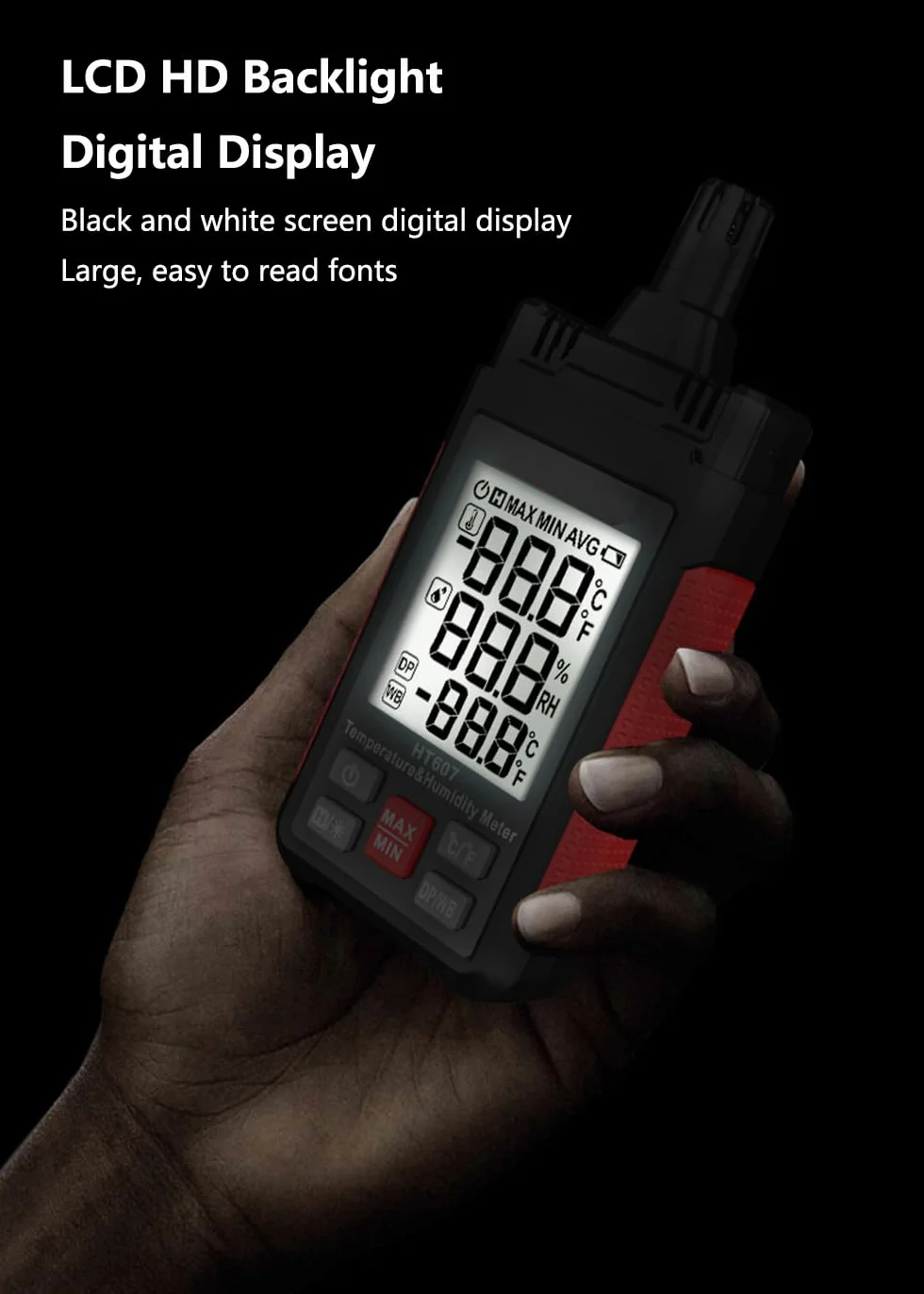 ThreeH Termohigrómetro Digital Pantalla Grande con Retroiluminación LCD Humedad Relativa Punto de Rocío Min Max Hold