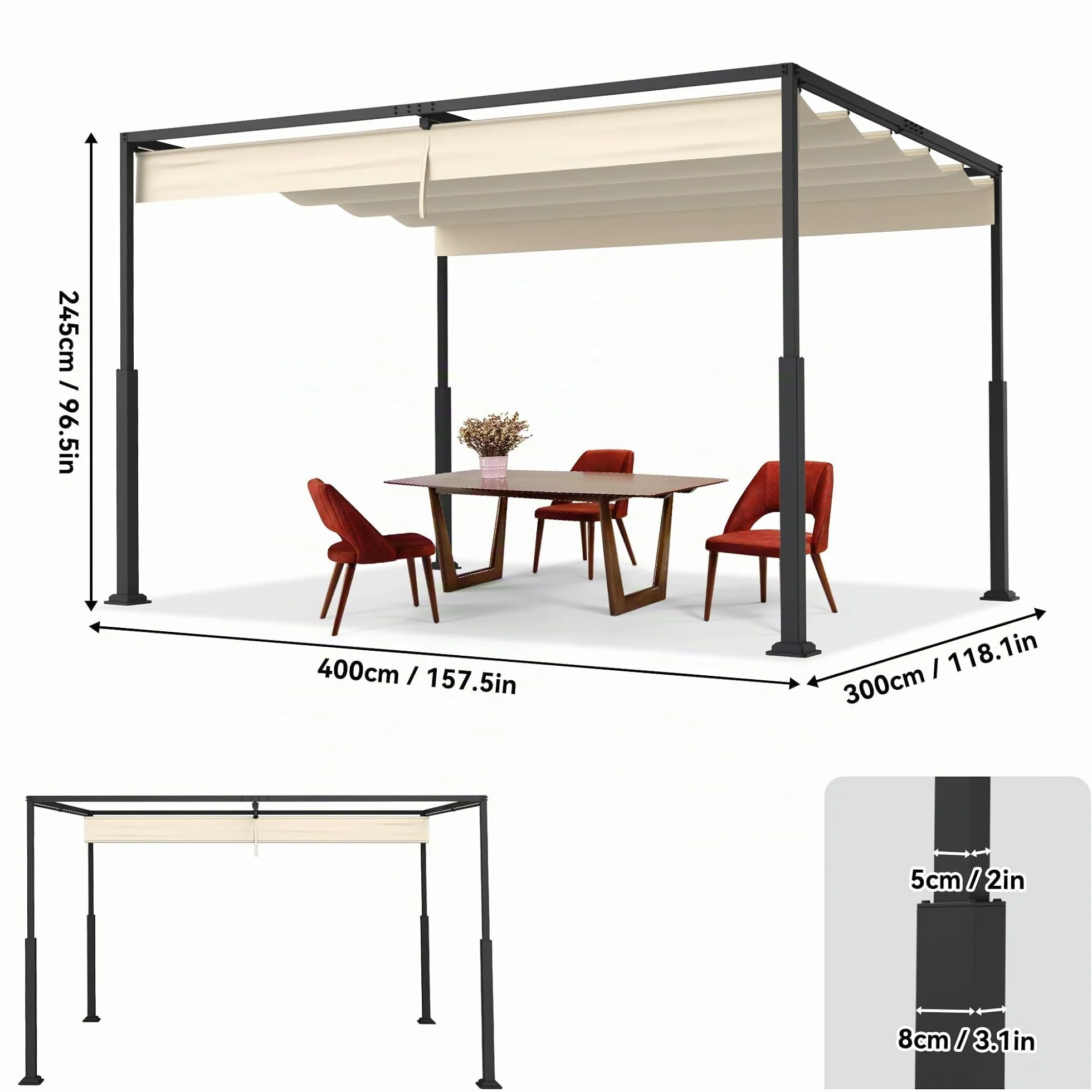 Pérgola para exteriores de 3 x 4 m, marco de metal estable, con protección solar y viento, techo solar, toldo retráctil para jardín, terraza y balcón (beige)