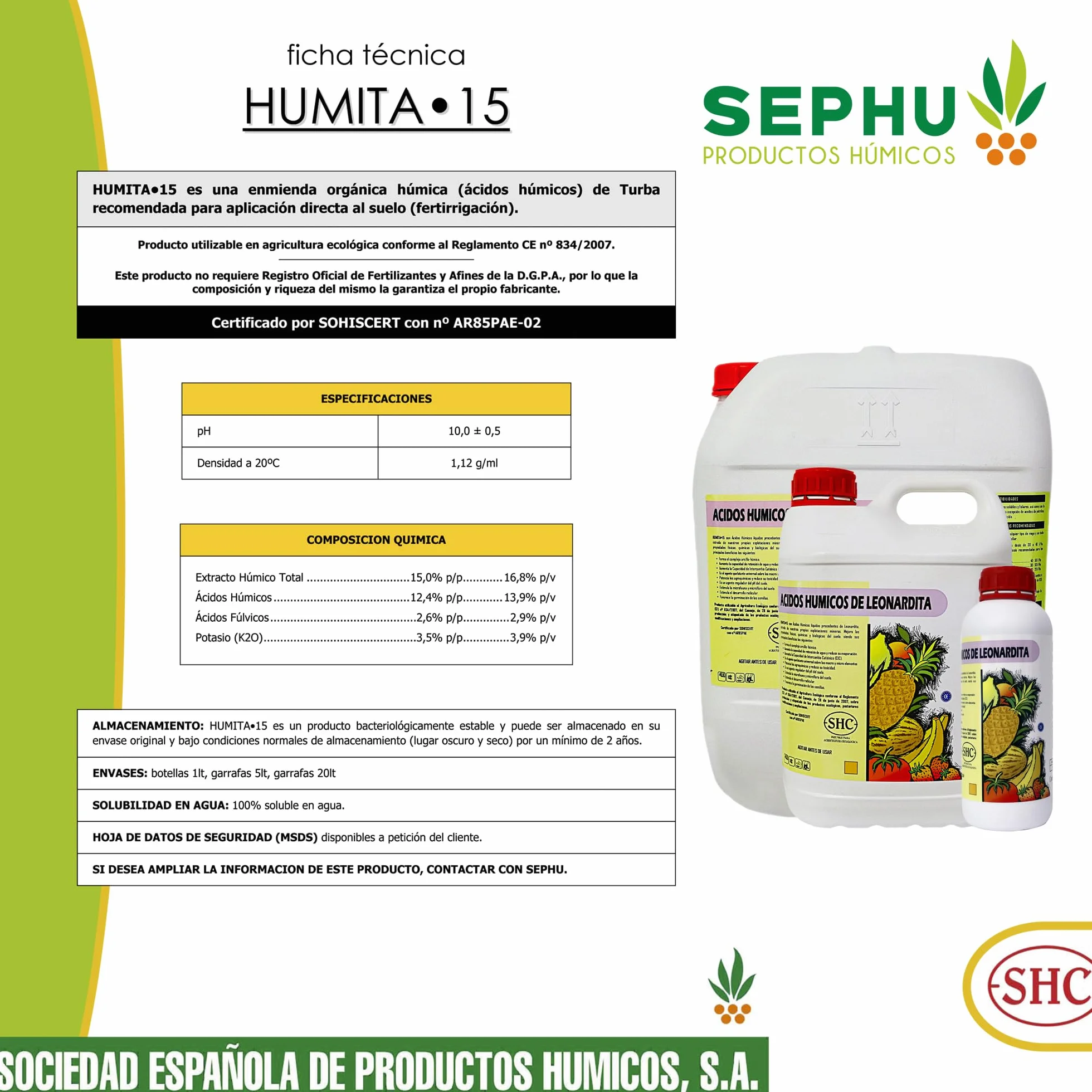 HUMITA 15 Fertilizante Húmico Líquido Ácidos Húmicos y Fúlvicos 10 litros
