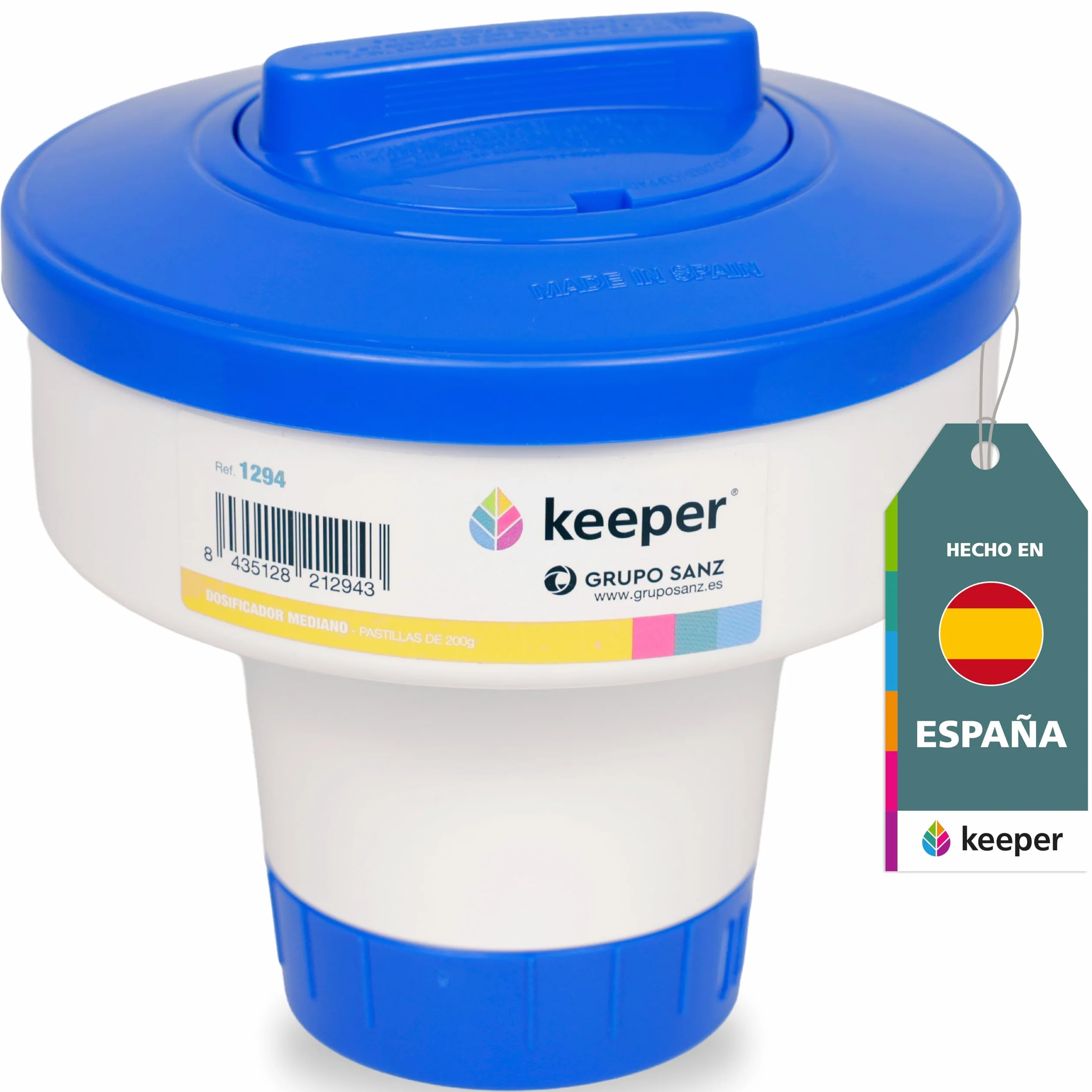 dispensador de Cloro Piscina Flotante - Dosificador Ajustable, Mediano para Piscina. Capacidad para Pastillas de 200 g. Flotador para Piscinas, Spas y Jacuzzis. Fabricado en España