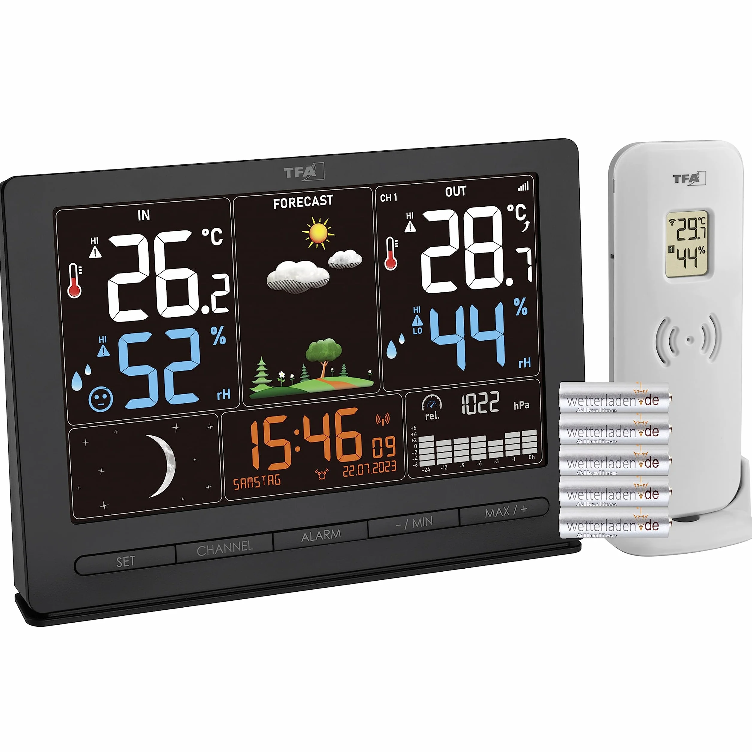 TFA Dostmann Season 2 35.1118 - Estación meteorológica inalámbrica (con emisor, previsión meteorológica, pantalla a color, temperatura y humedad, incluye radio reloj con fase lunar, incluye pilas,