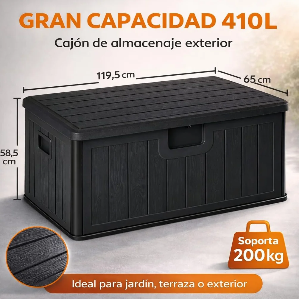 Baúl exterior almacenaje resina impermeable multiusos 410L | Arcón jardín resistente intemperie | Cofre organizador tapa asas