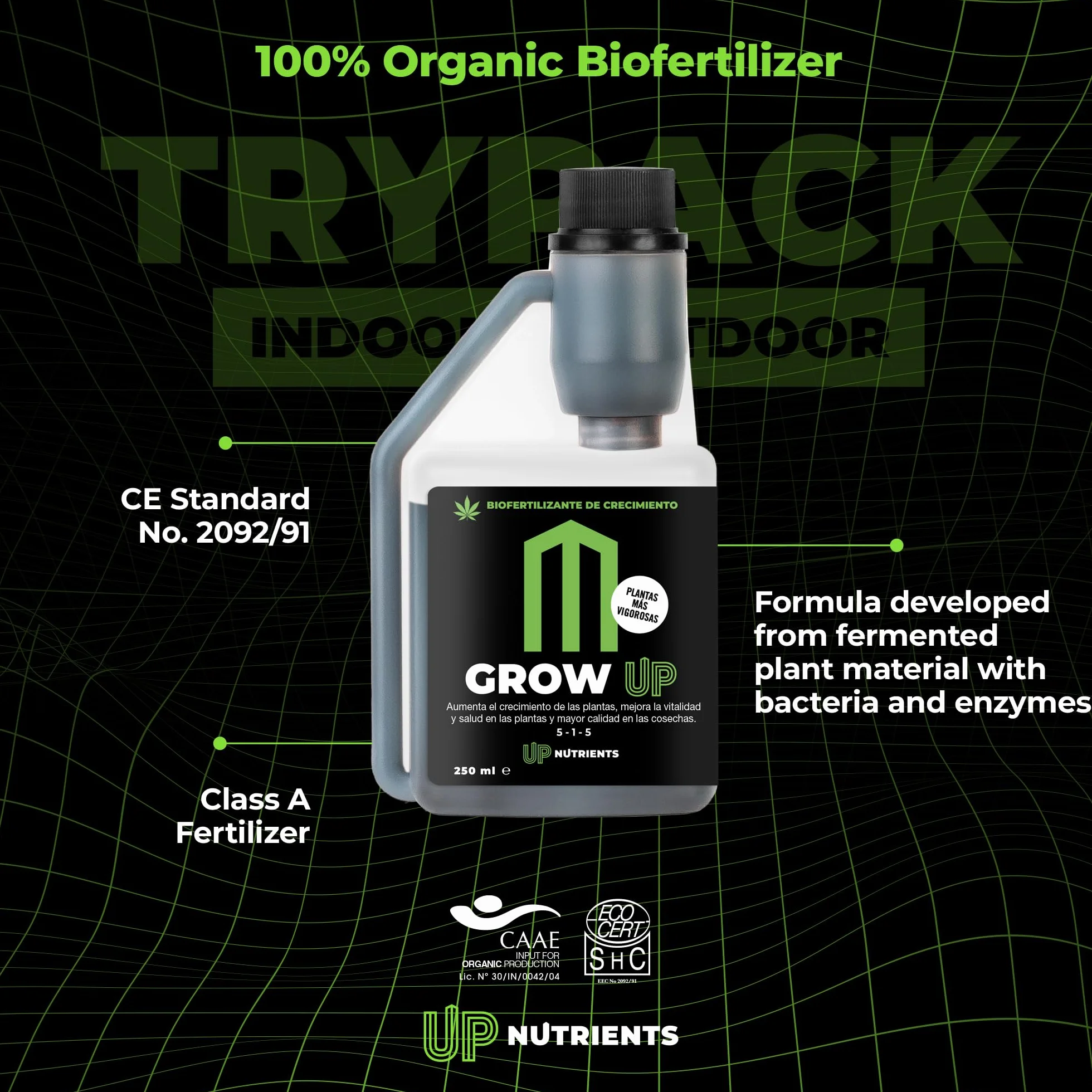 UP NUTRIENTS Trypack Fertilizante Grow Bloom Boost 250 ml Abono Orgánico Indoor Outdoor Enraizamiento Crecimiento Floración Cogollos Estimulador Flores Plantas