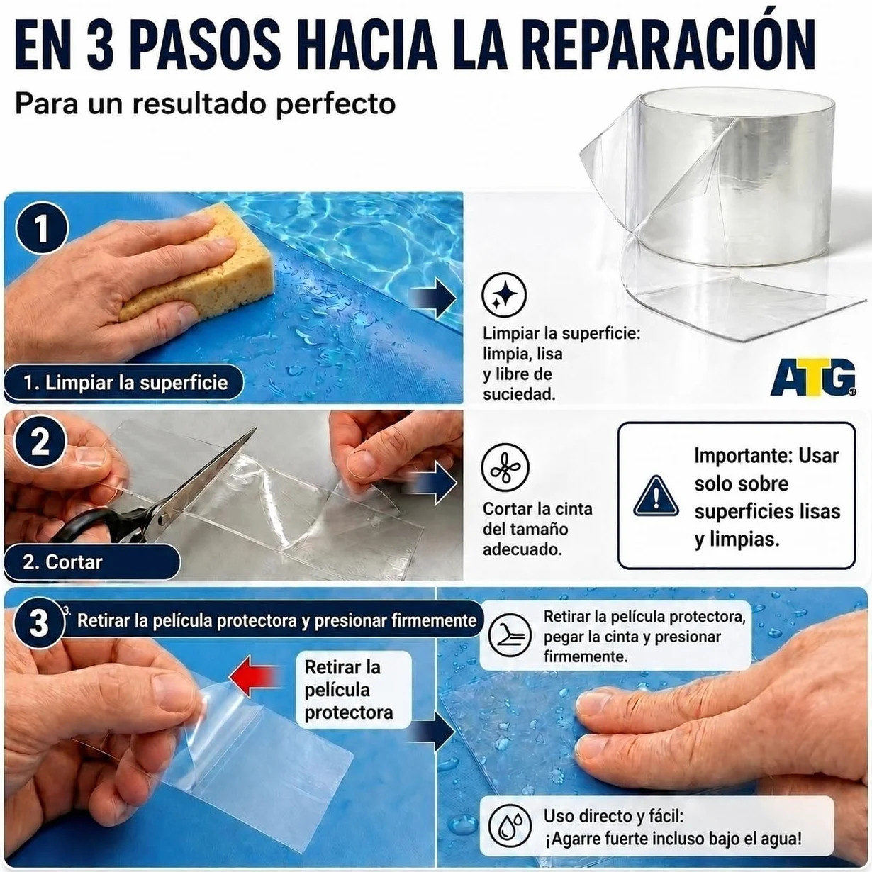 ATG Kit reparación piscina cinta adhesiva impermeable transparente 10×150 cm selladora PVC liner
