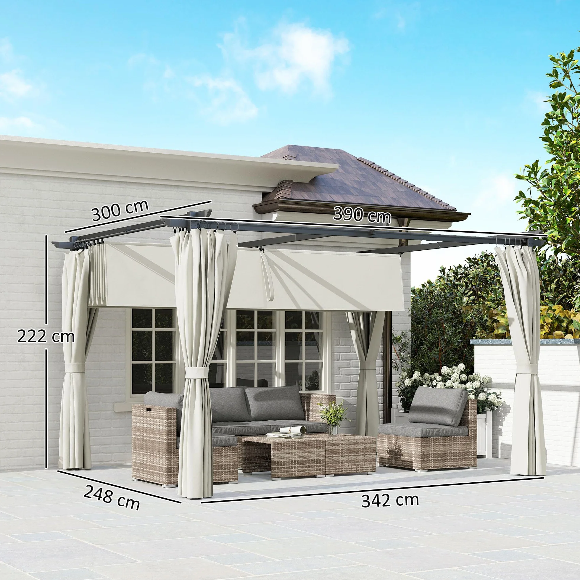 Outsunny Pérgola de Aluminio 4x3 m con Techo Retráctil y Paredes Laterales Anti-UV Resistente al Agua para Jardín