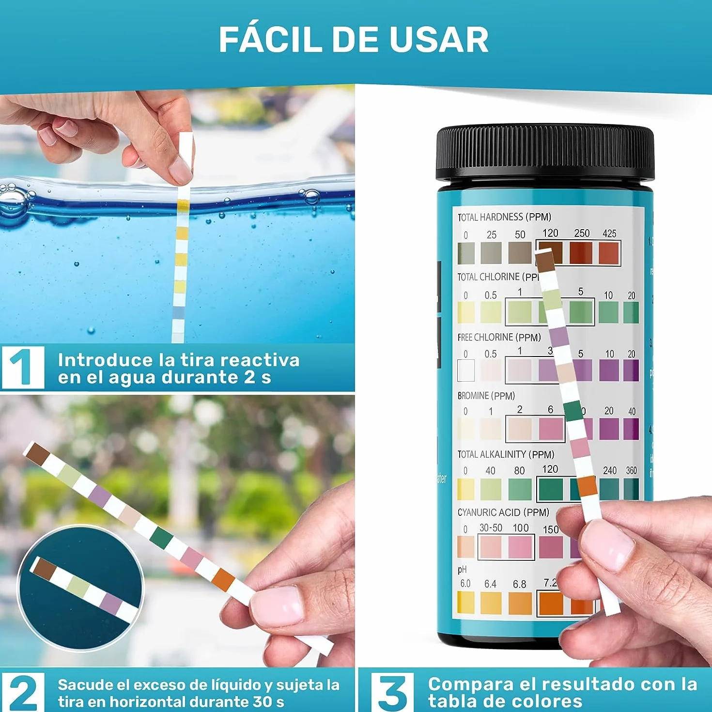 JNW Direct Tiras pH para agua de piscina y spa - Kit analizador de cloro y pH 7 en 1 con eBook