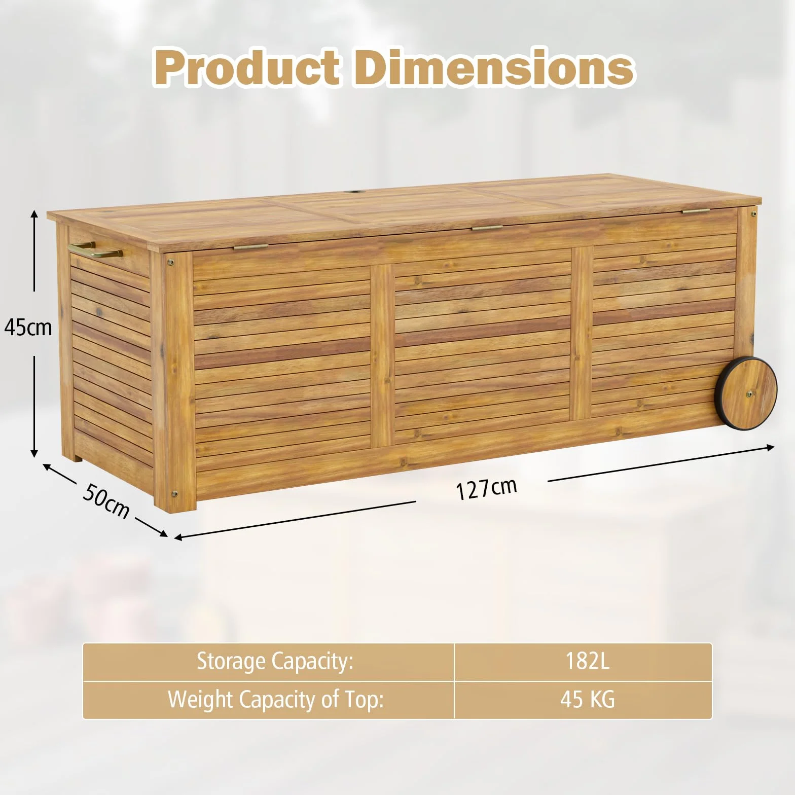HOMASIS Baúl de jardín 182 l con ruedas madera de acacia impermeable 150 kg carga