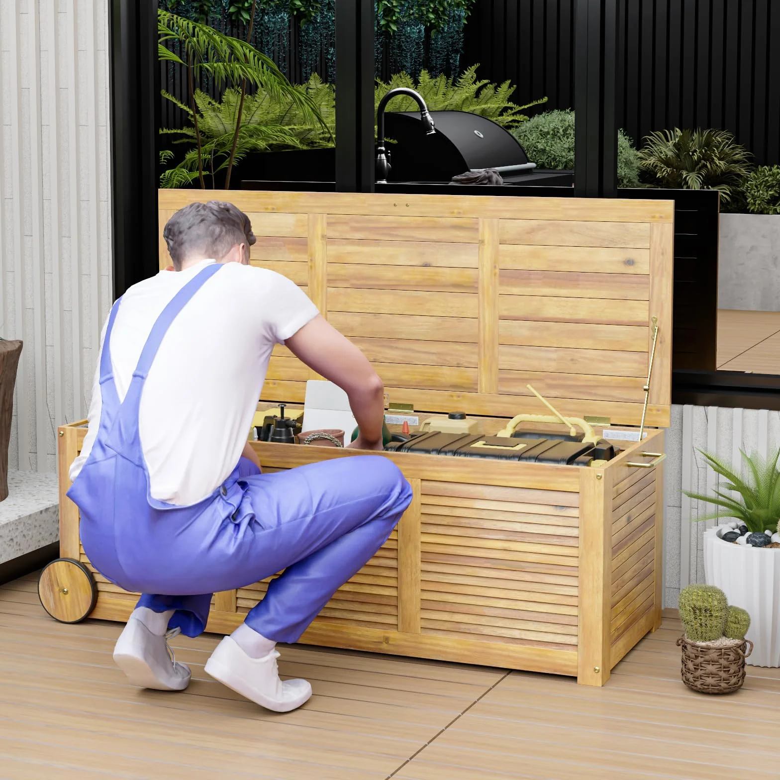 GOPLUS Caja de almacenamiento exterior 182L rodante madera de acacia con ruedas asa lateral impermeable