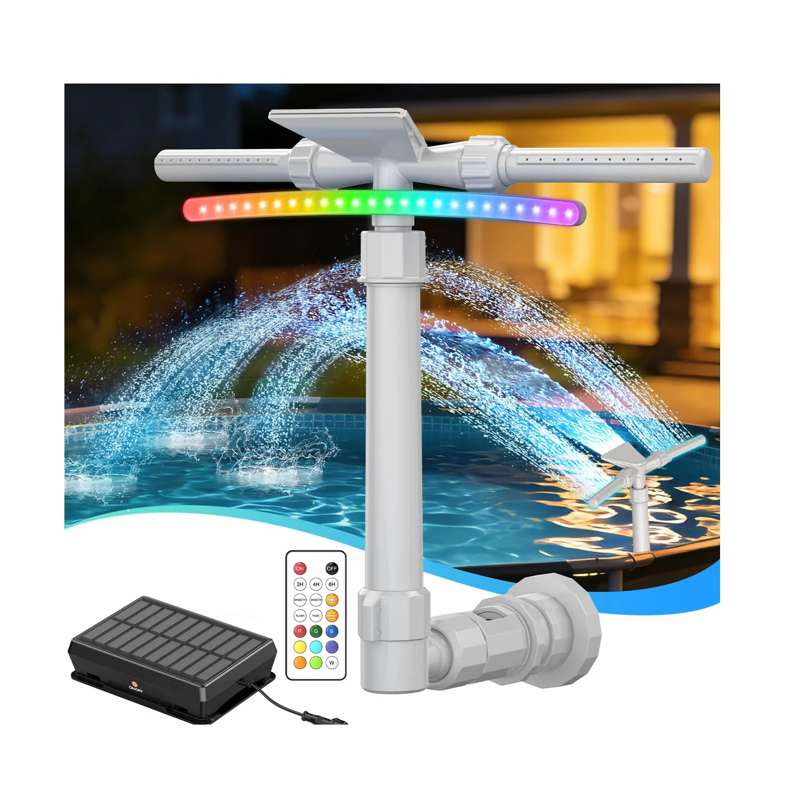 Cascada Solar para Piscina LED 9 Colores Aspersor Fuente 2 en 1 Doble Cabeza Ajustable Mando a Distancia