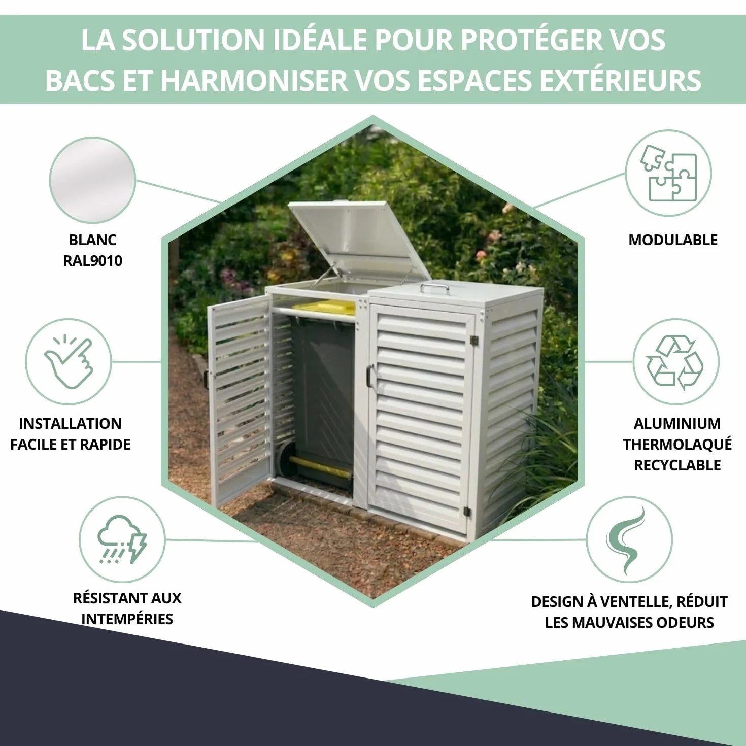 Refugio de basura exterior doble de aluminio termolacado para 2 cubos 120 L | Blanco RAL9010