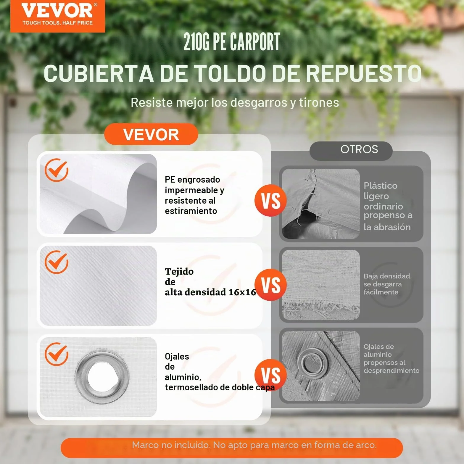 VEVOR Cubierta de Repuesto para Toldo de Cochera 6100 x 3040 x 850 mm, Resistente al Agua y Protección UV, Blanco