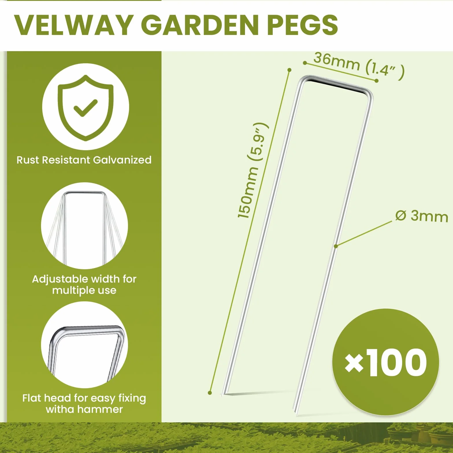 Velway Grapas de Jardín para Malla Antihierbas 150x36 mm Ø 3 mm Anclaje de Tierra Acero Inoxidable Galvanizados