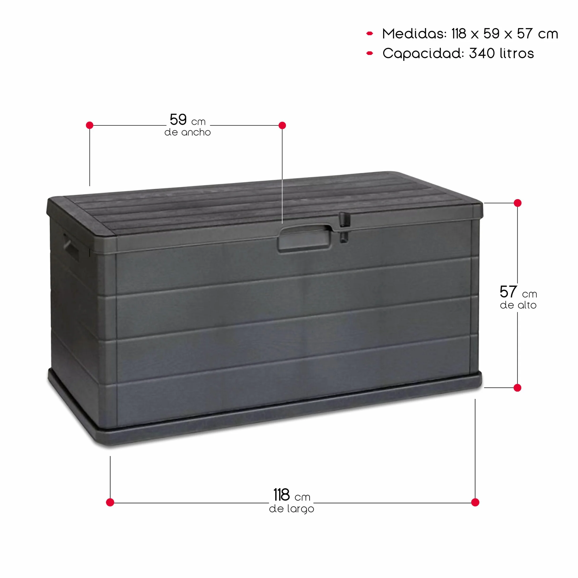 Baul Almacenaje Exterior Polipropileno Antracita 340 Litros 118x59x57 cm Tapa Cerradura