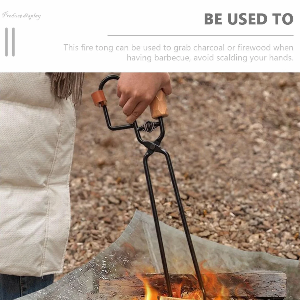 Pinzas de carbón para exteriores para barbacoa y fogata, acero resistente al calor con mango de madera antiquemaduras, accesorio portátil para acampar y asar