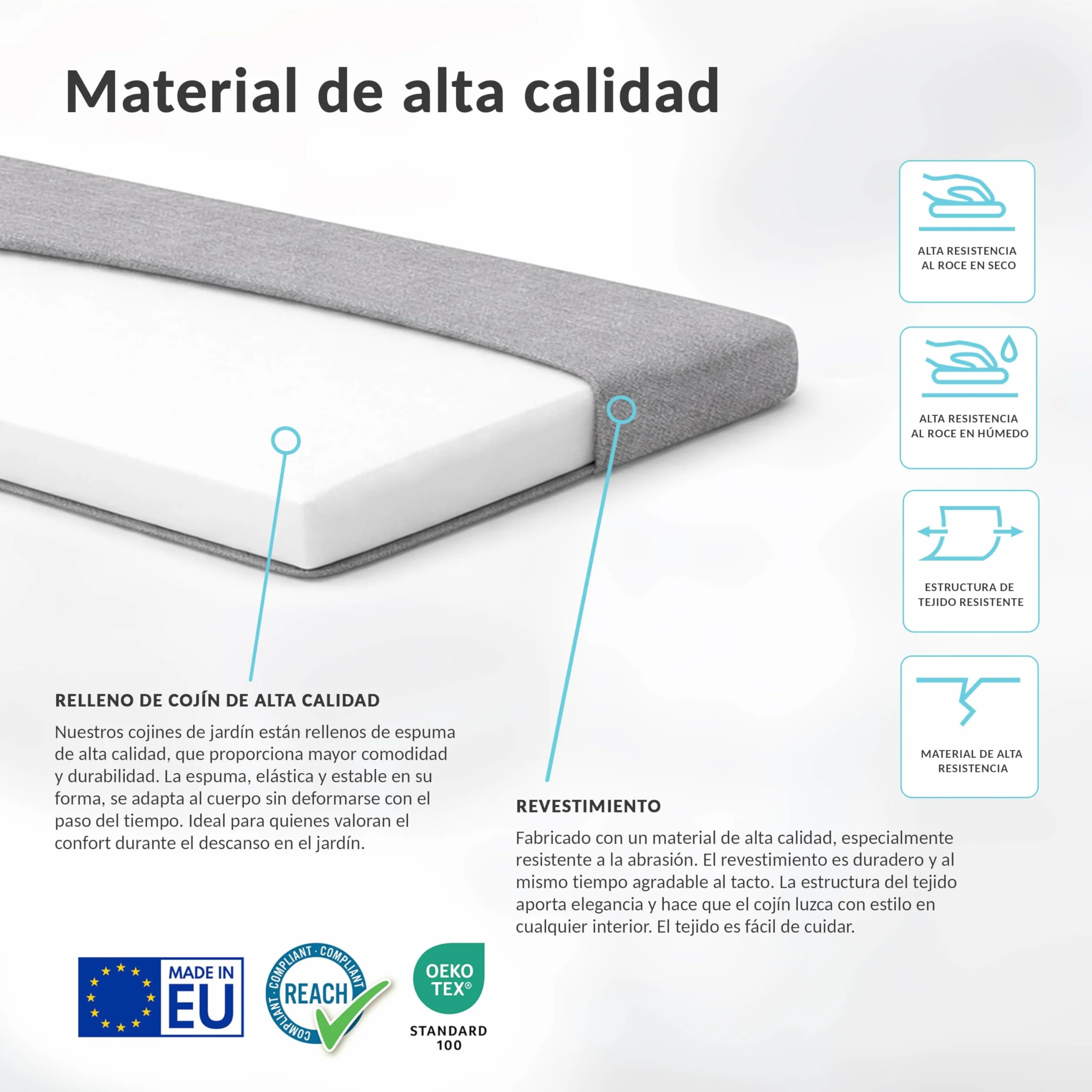 POKAR Cojín de Banco 100x40 cm Funda Extraíble Cintas Antideslizantes Oeko-Tex Antracita