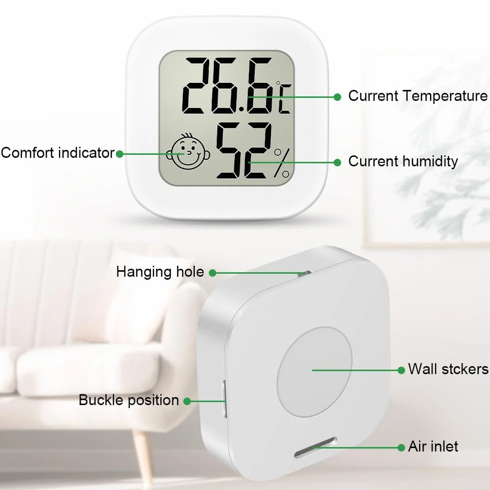 Ainiv Higrometro Digital Termometro, Mini Termometro Interior del Higrometro, Pantalla LED con Logo de Confort, Blanco