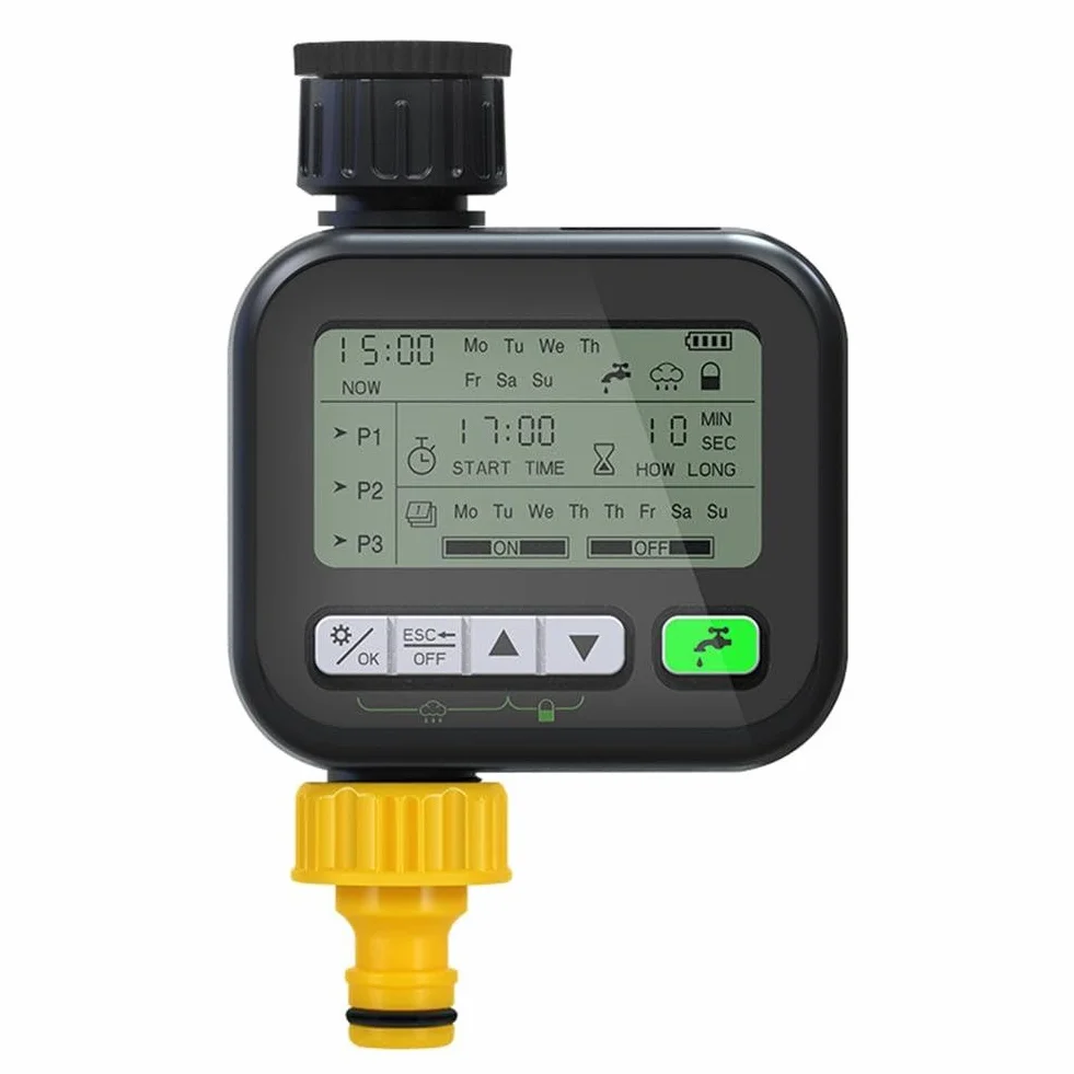 Temporizador de riego de jardín con sensor de lluvia, IPX5 impermeable, pantalla LCD