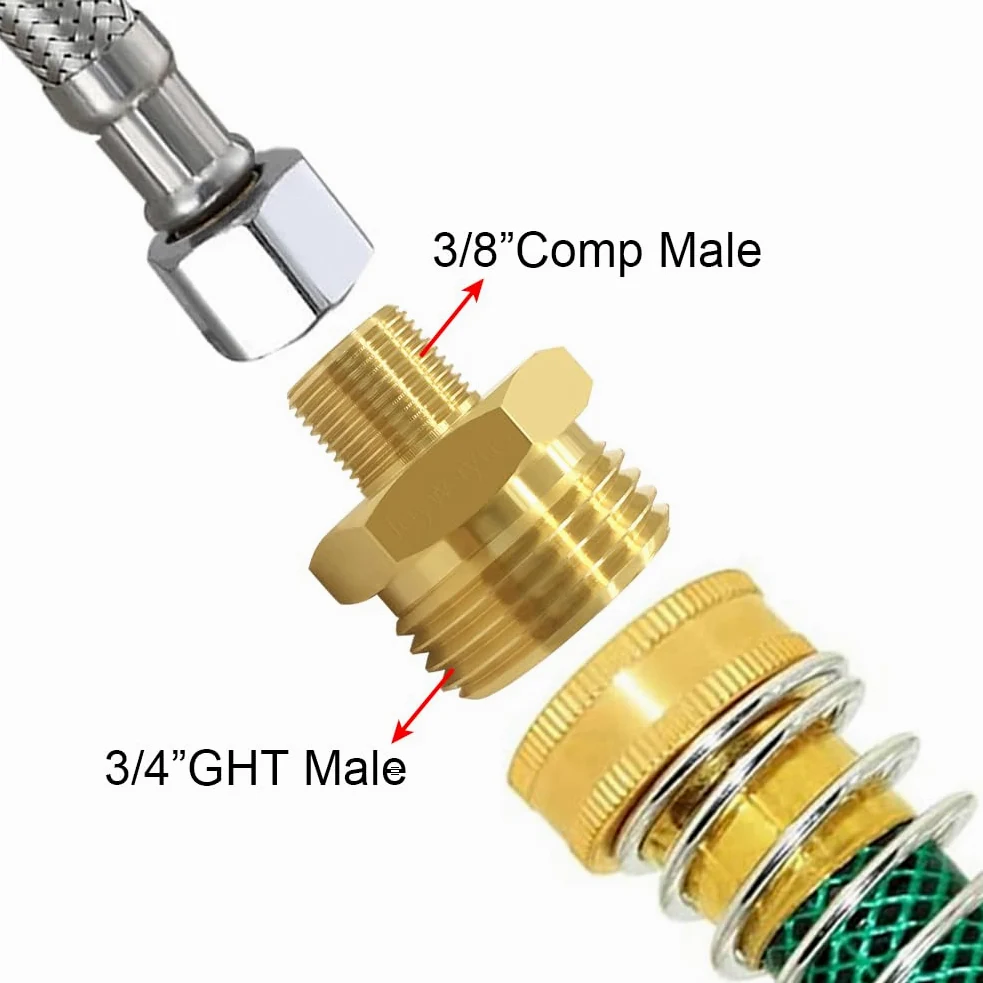 Joywayus 2 adaptadores de rosca macho de compresión de 3/4 GHT a 3/8, conector de grifo reductor de latón, adaptador de manguera de agua, adaptador de línea de suministro a manguera de jardín para