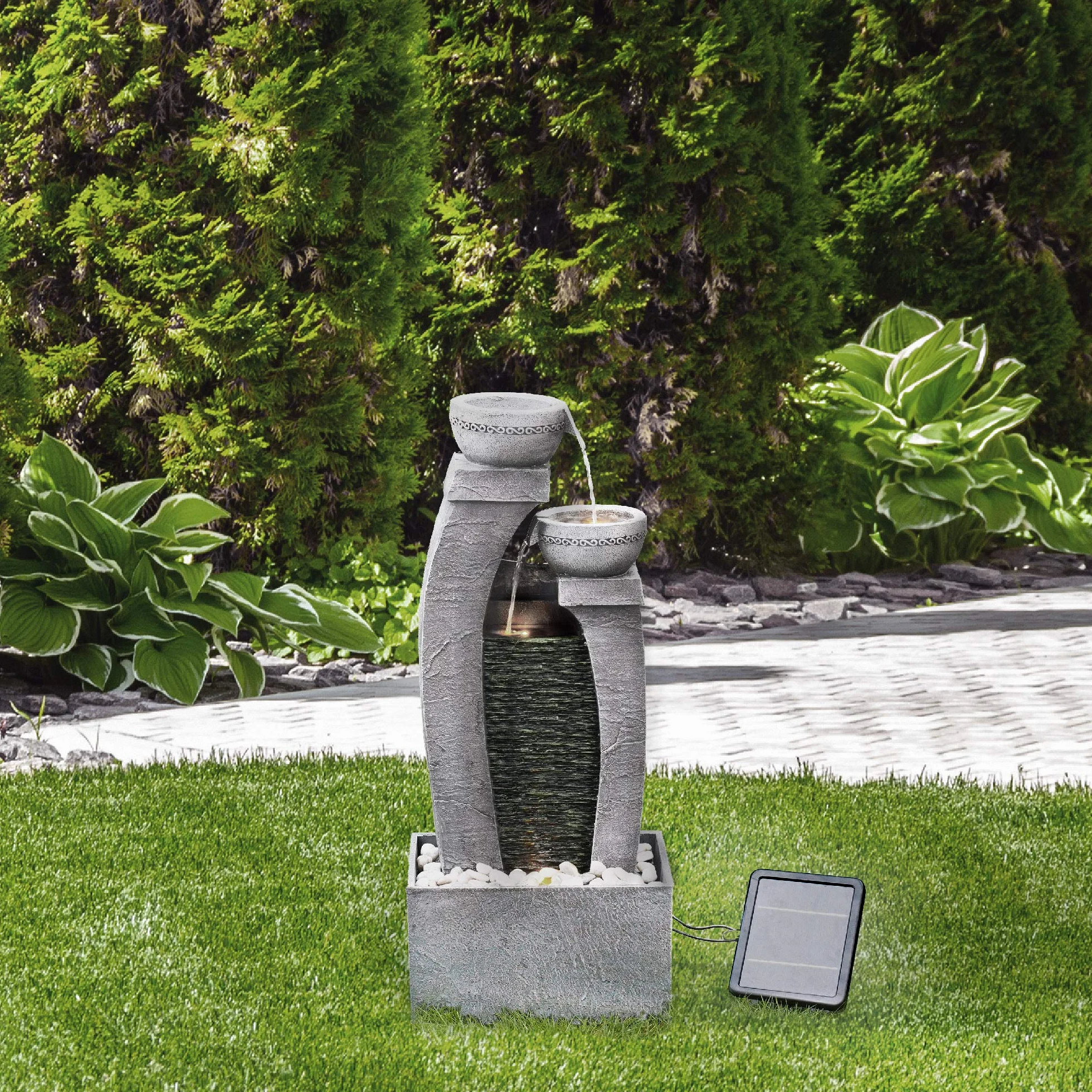 Teamson Home Fuente de Agua Alimentada por Energía Solar con Luces para Jardín y Exteriores, Fuente de Agua en Cascada, Gris Pizarra, Decoración de Interior y Respaldo de Batería