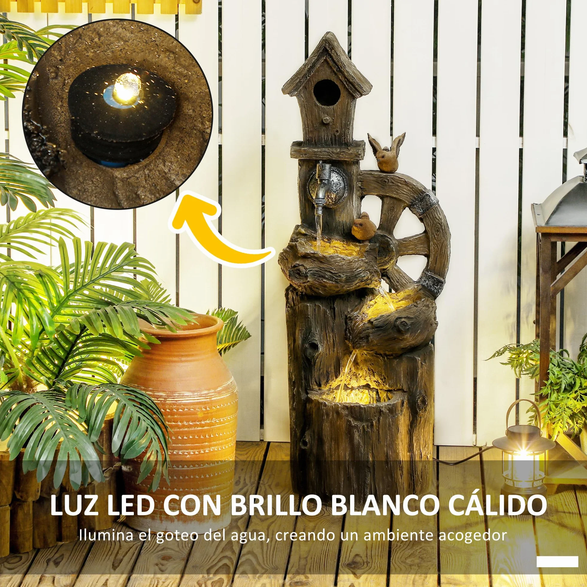 Outsunny Fuente de Agua 2 en 1 con Casita para Pájaros Fuente de Jardín con Iluminación LED Fuente Decorativa en Cascada de 4 Niveles para Jardín Patio Terraza 34,5x29,5x92 cm Multicolor
