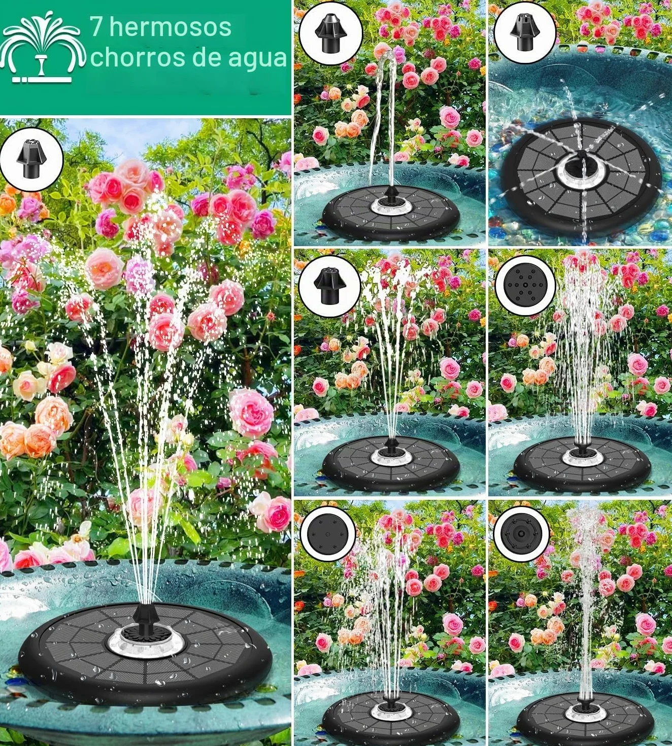 SZMP Fuente Solar, 5W 10 Luces, 4000mAh Baterías Bomba de Agua Solar con 7 Boquillas & 4 Fijadores Estanque de Jardín Fuente, Baño de Pájaros, Recipiente para Peces