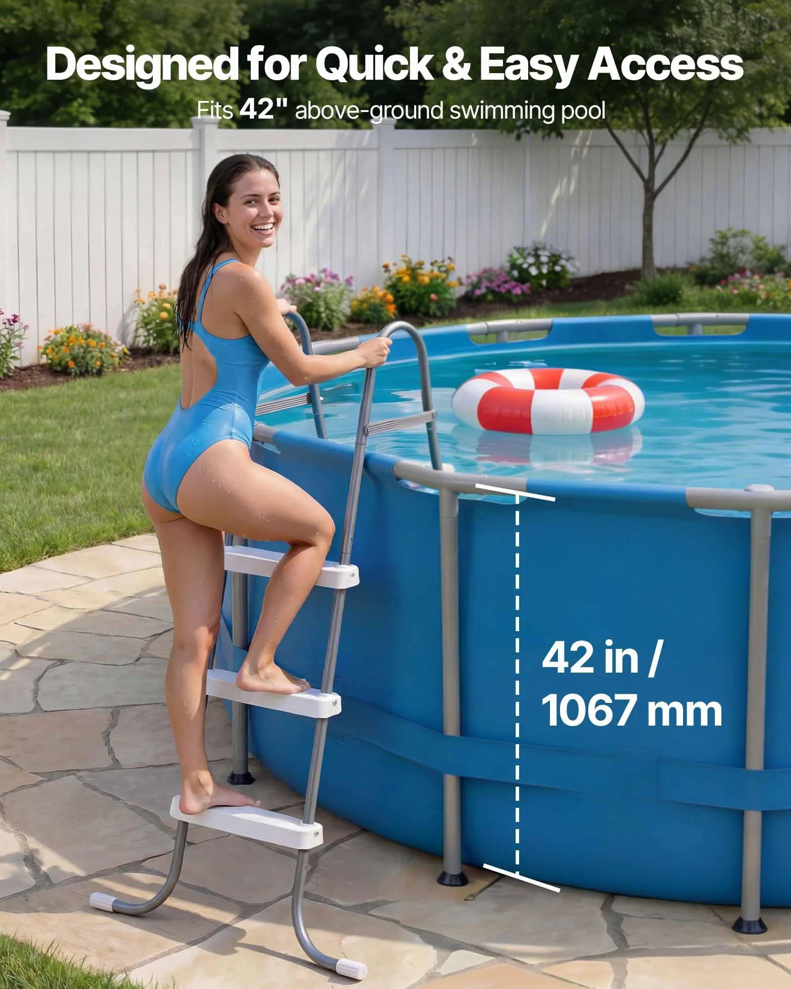VEVOR Escalera para Piscina Desmontable 3 Peldaños 136 kg Acero al Carbono Antideslizante con Patas de Goma