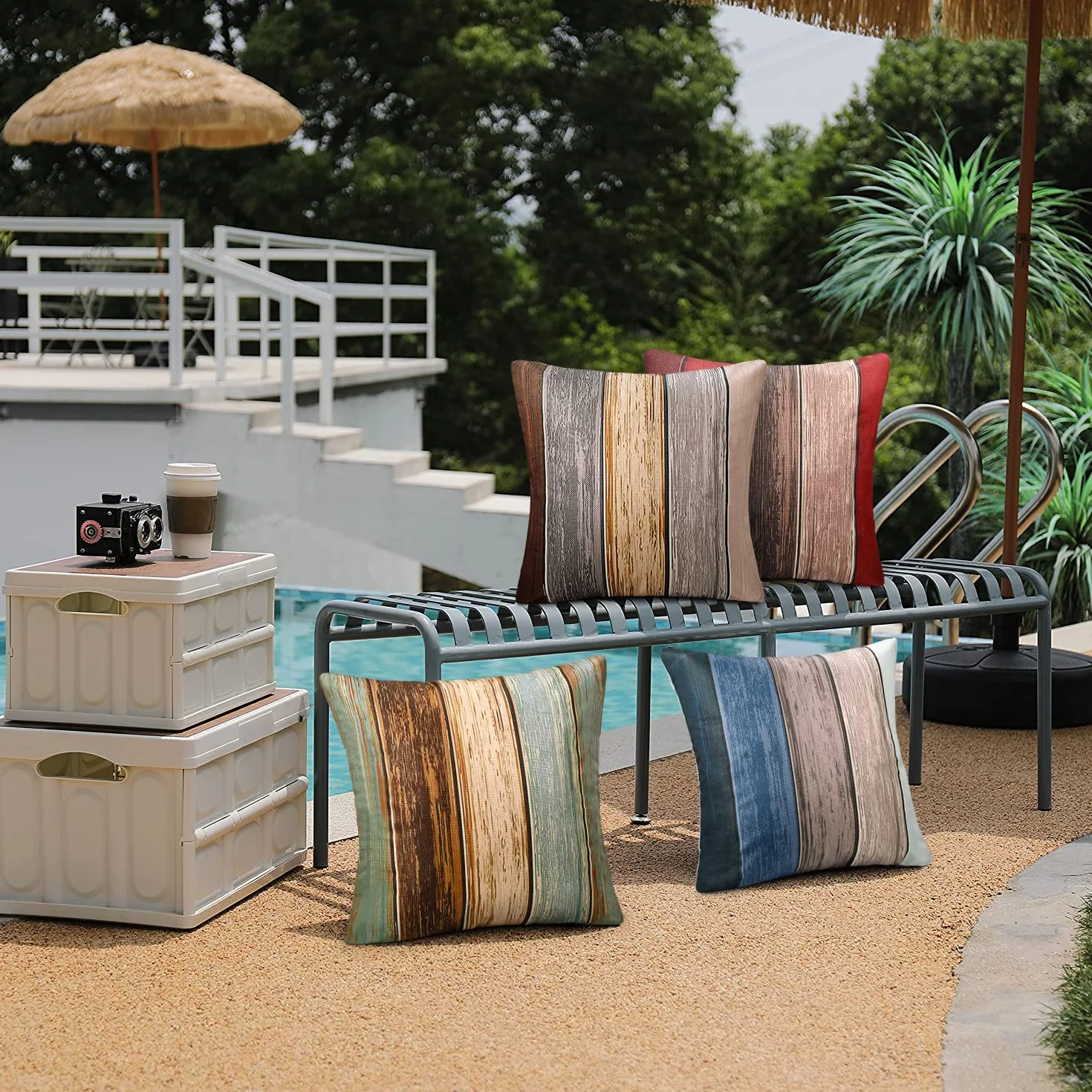 Fundas de Almohada 45x45 Exterior Impermeable Poliéster Marrón Gris Textura Madera Juego de 2