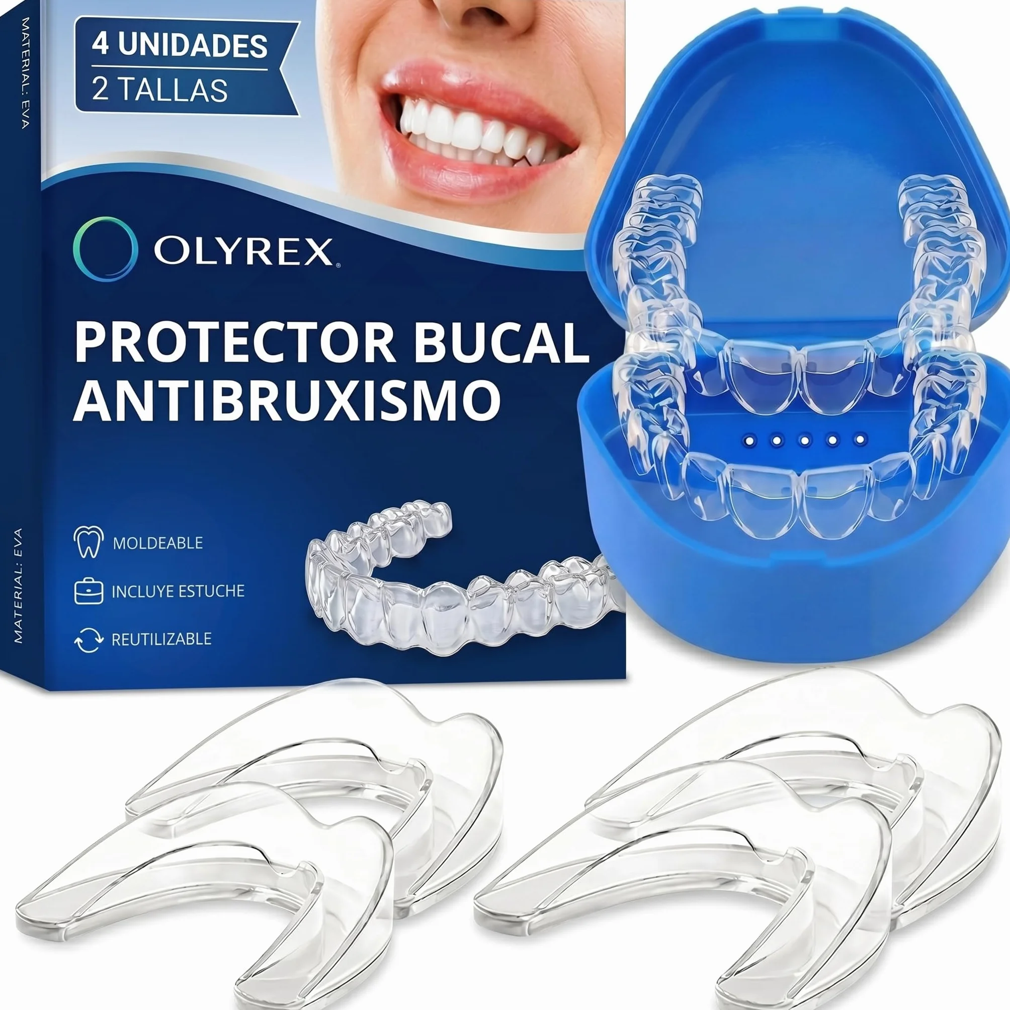 OLYREX® Ferula Descarga Bruxismo 4 Piezas 2 Tamaños Protector Bucal Ajustable Moldeable Reutilizable