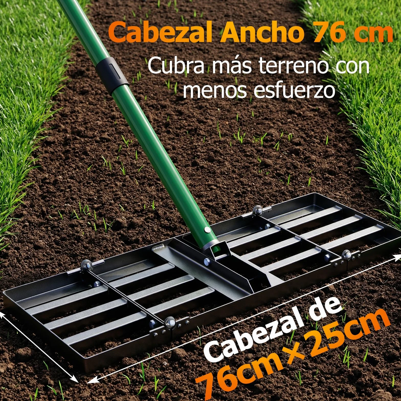 Rastra de nivelación para césped 76x25 cm, mango ajustable 84-196 cm, plegable jardín