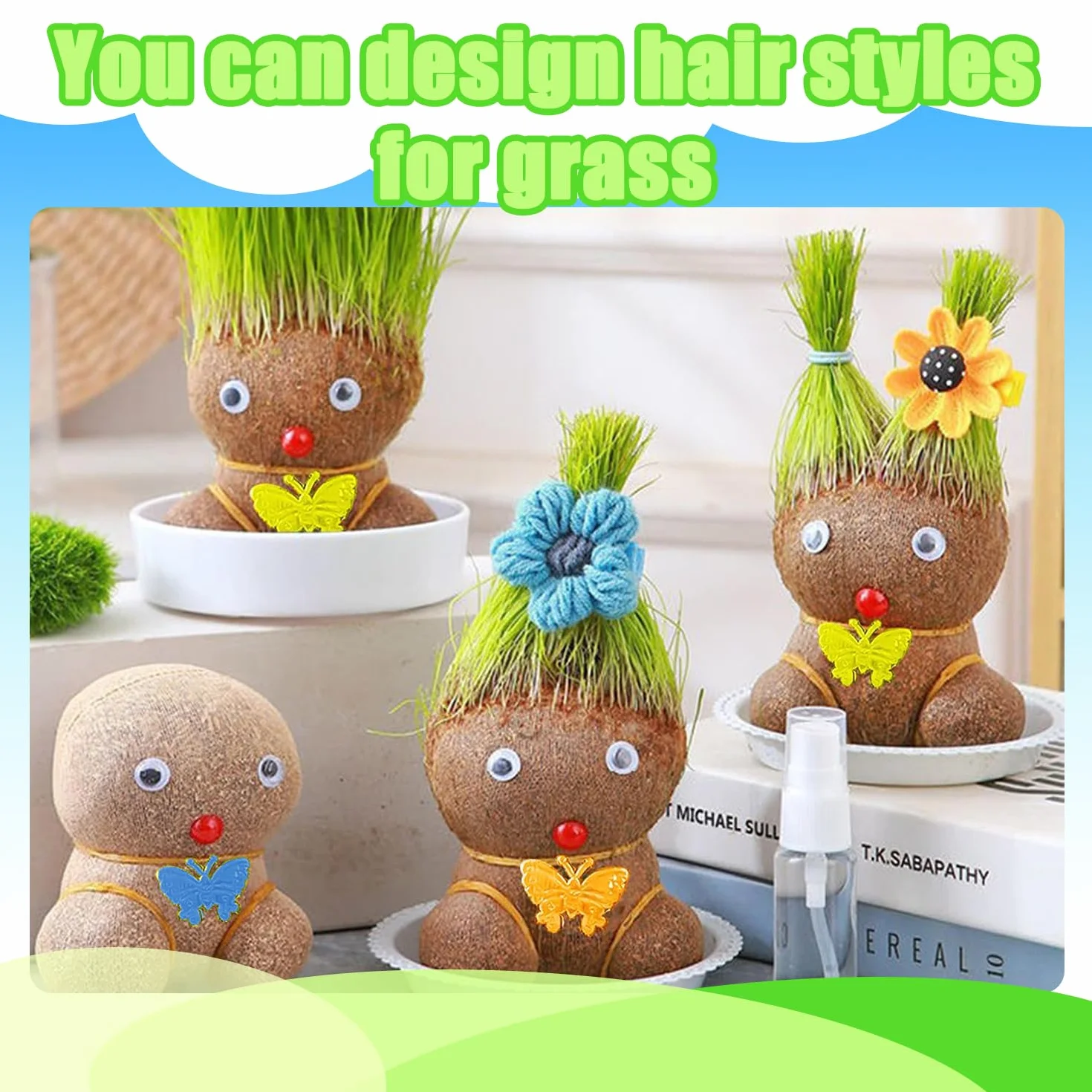 Planta De Muñeca con Cabeza De Hierba En Crecimiento, Mini Bonsai en Macetas con Bandeja (M3)