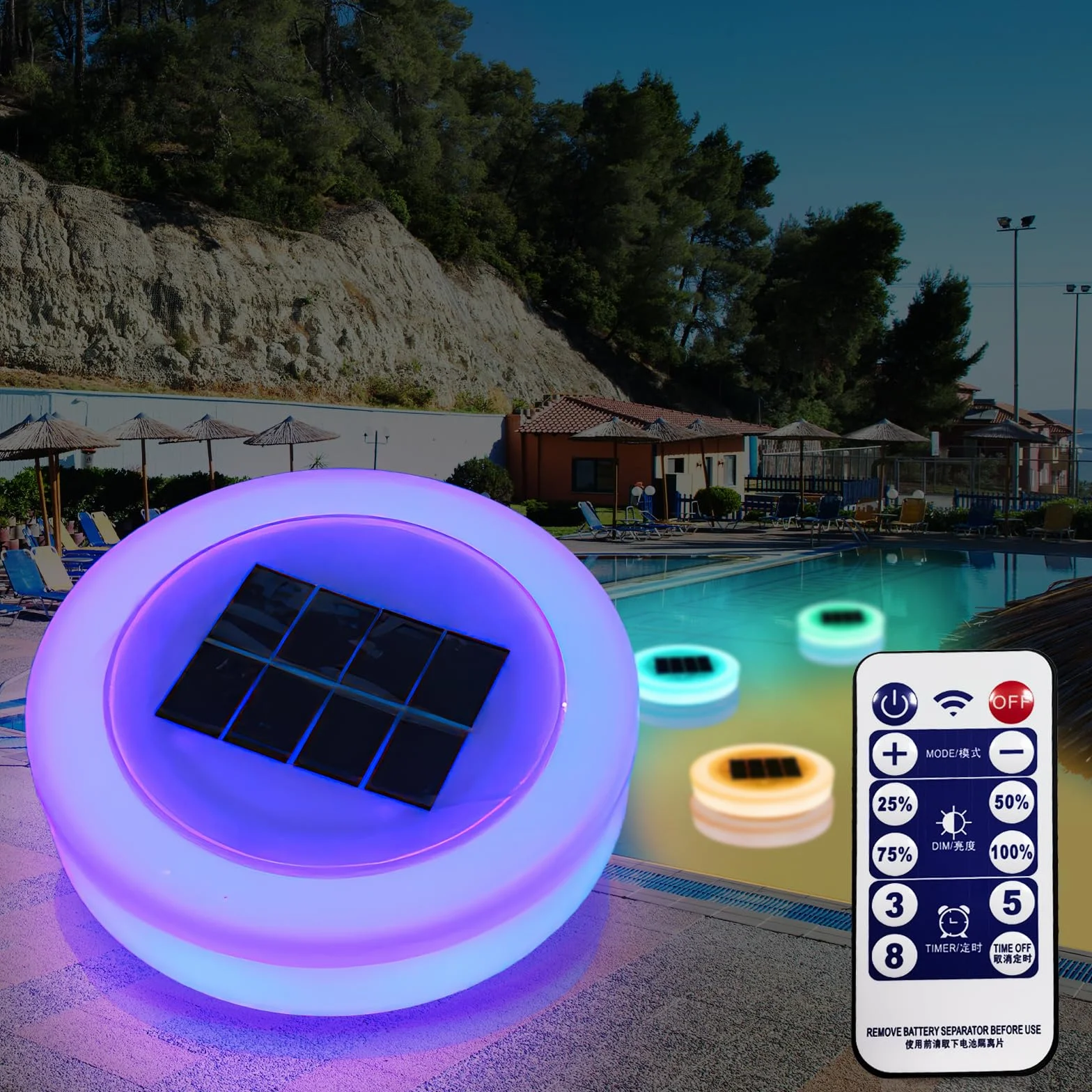 Luces Solares Flotantes Piscina, Iluminación Subacuática con Control Remoto, 7 Colores, Temporizador