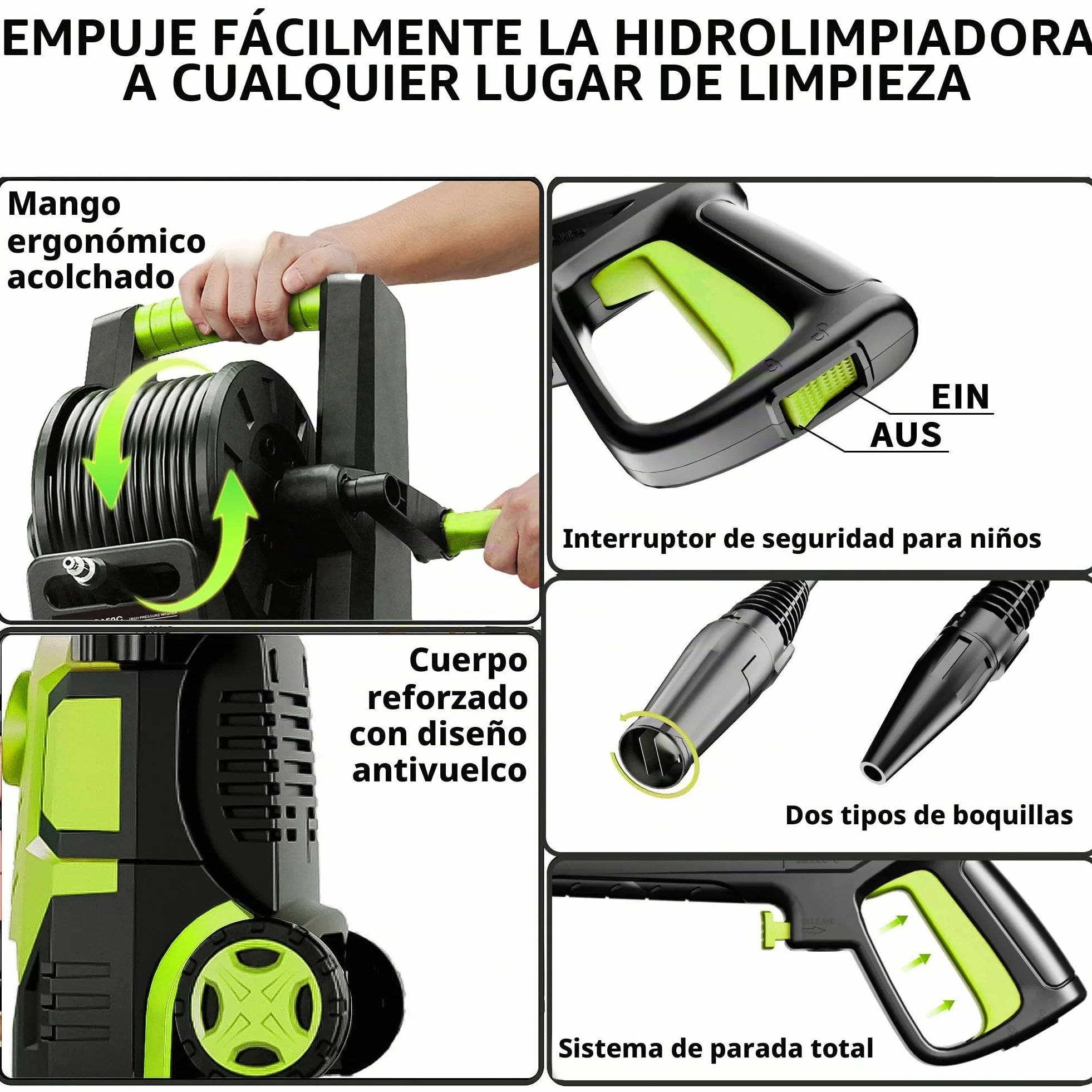 2026New Hidrolimpiadora 200 Bar Pantalla Táctil 8 Niveles, Caudal 280–500 l/h, Boquilla 6-in-1, 90 cm de Altura, 60 m²/h, con Manguera, Lanza y Depósito de Espuma 500 ml, Coche/Jardín/Hogar