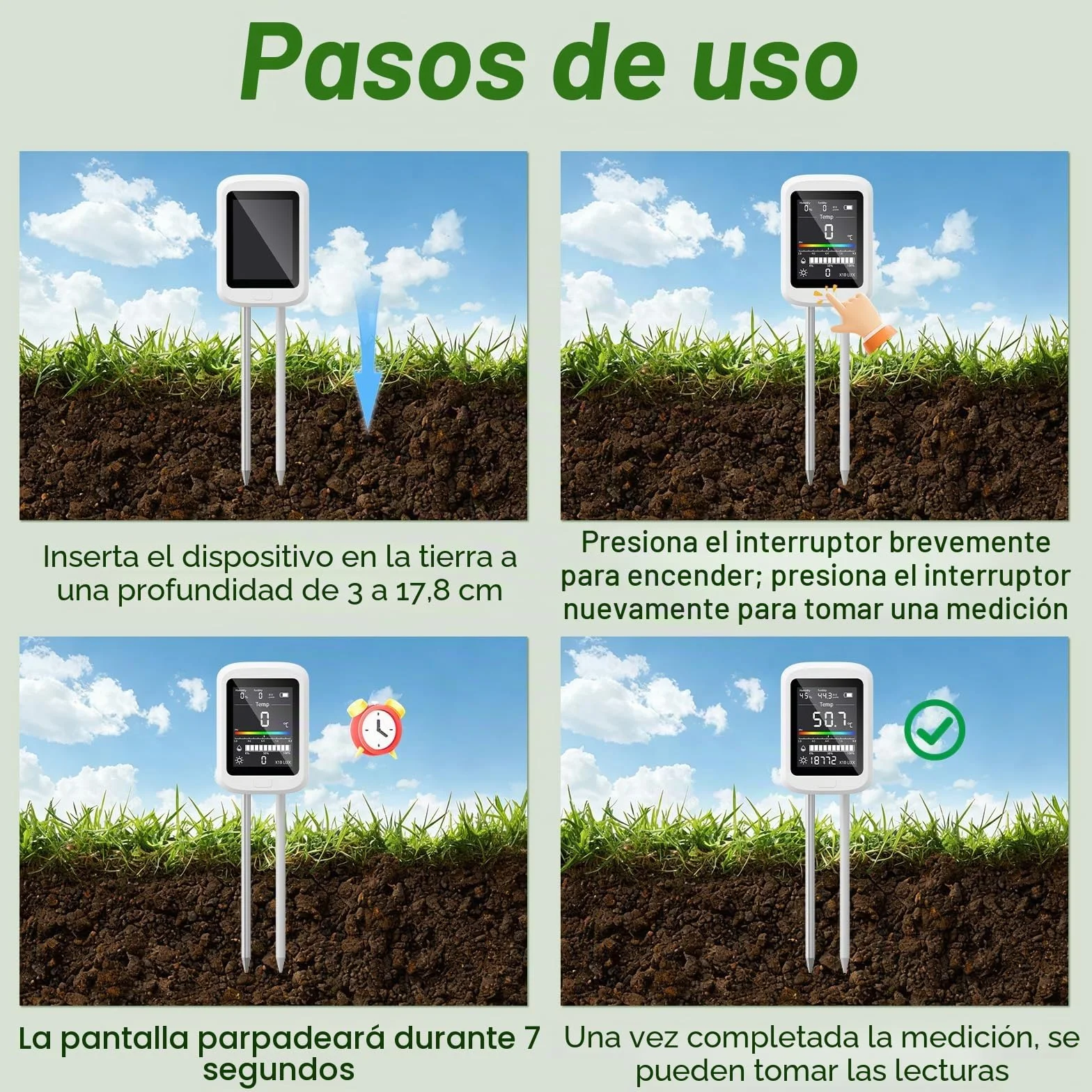 Medidor Digital de Suelo 6 en 1, Pruebas de pH e Intensidad Luminosa para Plantas