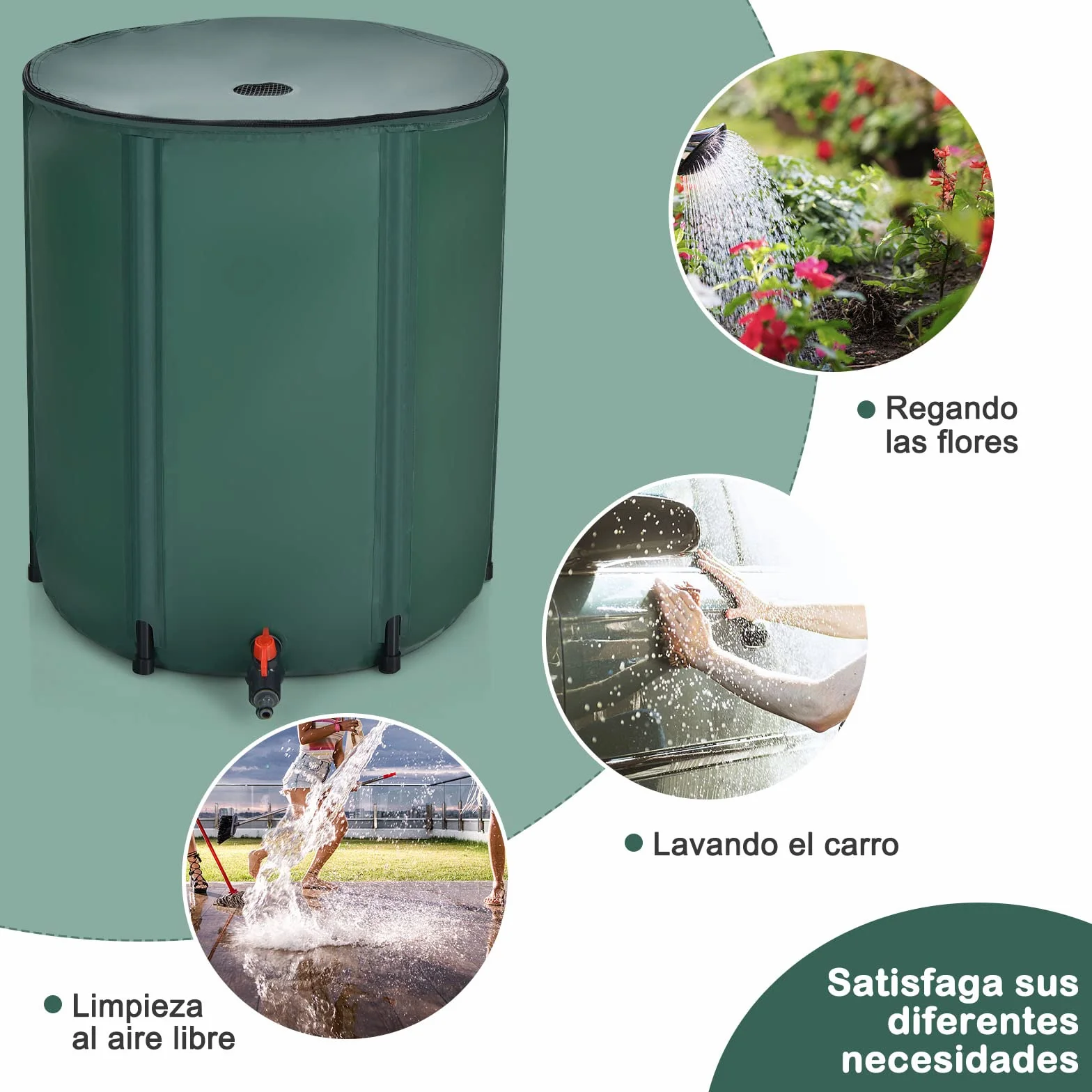 COSTWAY Barril Plegable 225 L Agua Lluvia Contenedor Agua Recogida Portátil con Filtro Válvula Desborde Red Cisterna Jardín