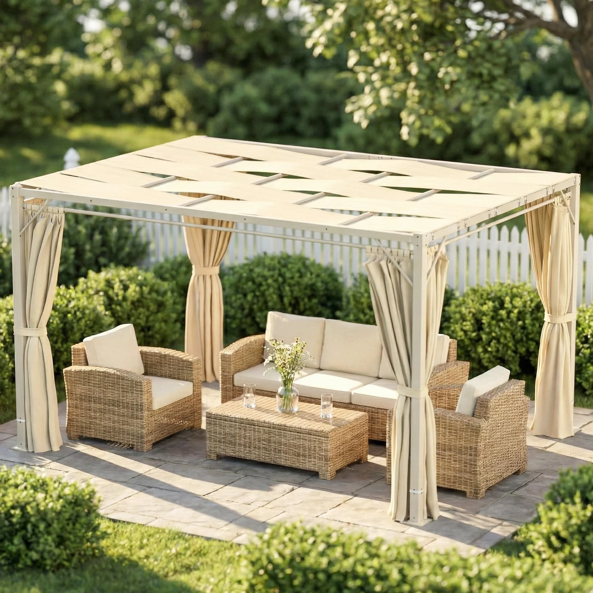 Outsunny Pérgola de Jardín 3x4 m Cenador con Techo Ondulado, Cortinas Desmontables, Estructura Acero, Protección UPF50+, Beige