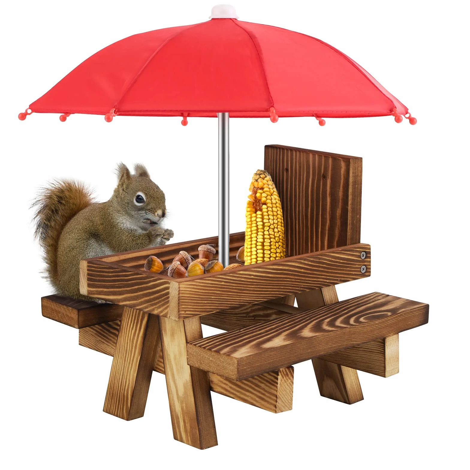 Comedero de ardilla con paraguas, banco de picnic de madera, adornos de jardín