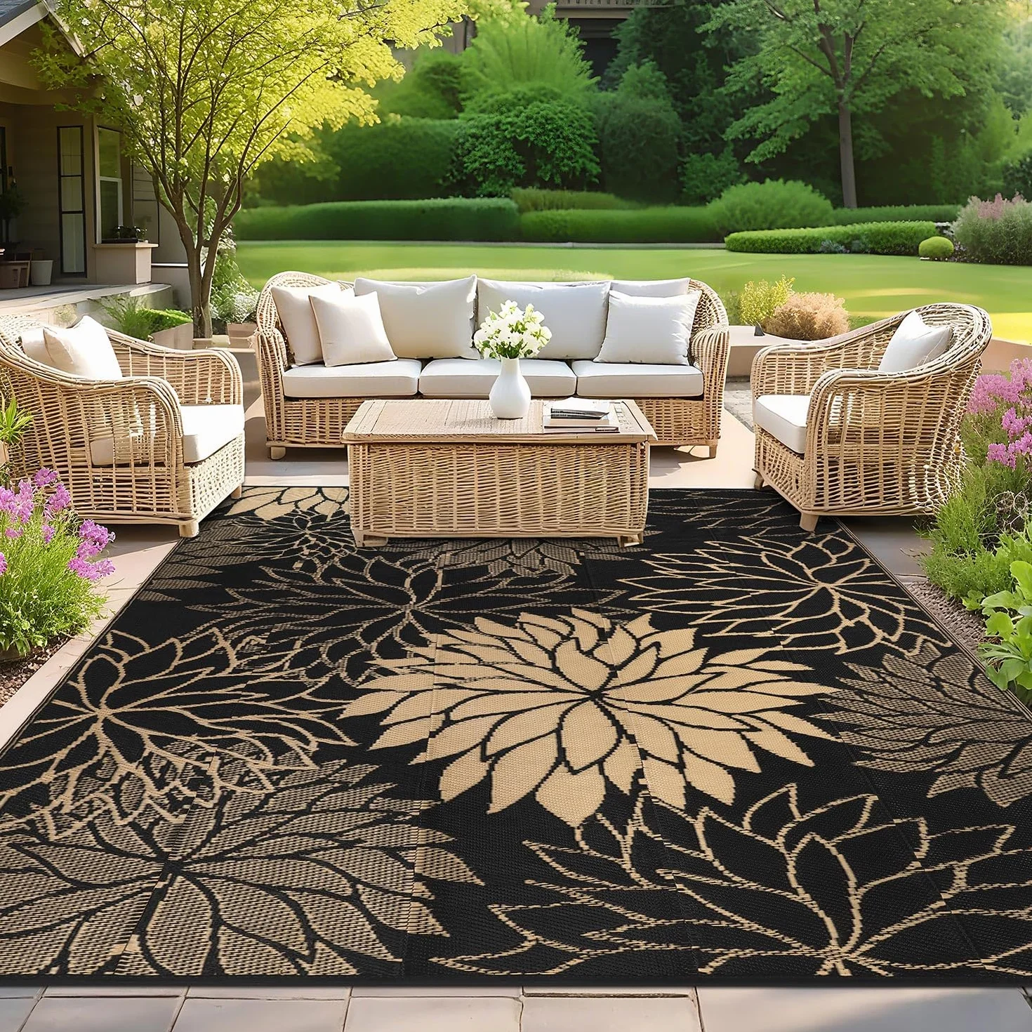SHACOS Alfombra Exterior Impermeable Reversible 270 x 360 cm Grande para Patios Jardines Camping