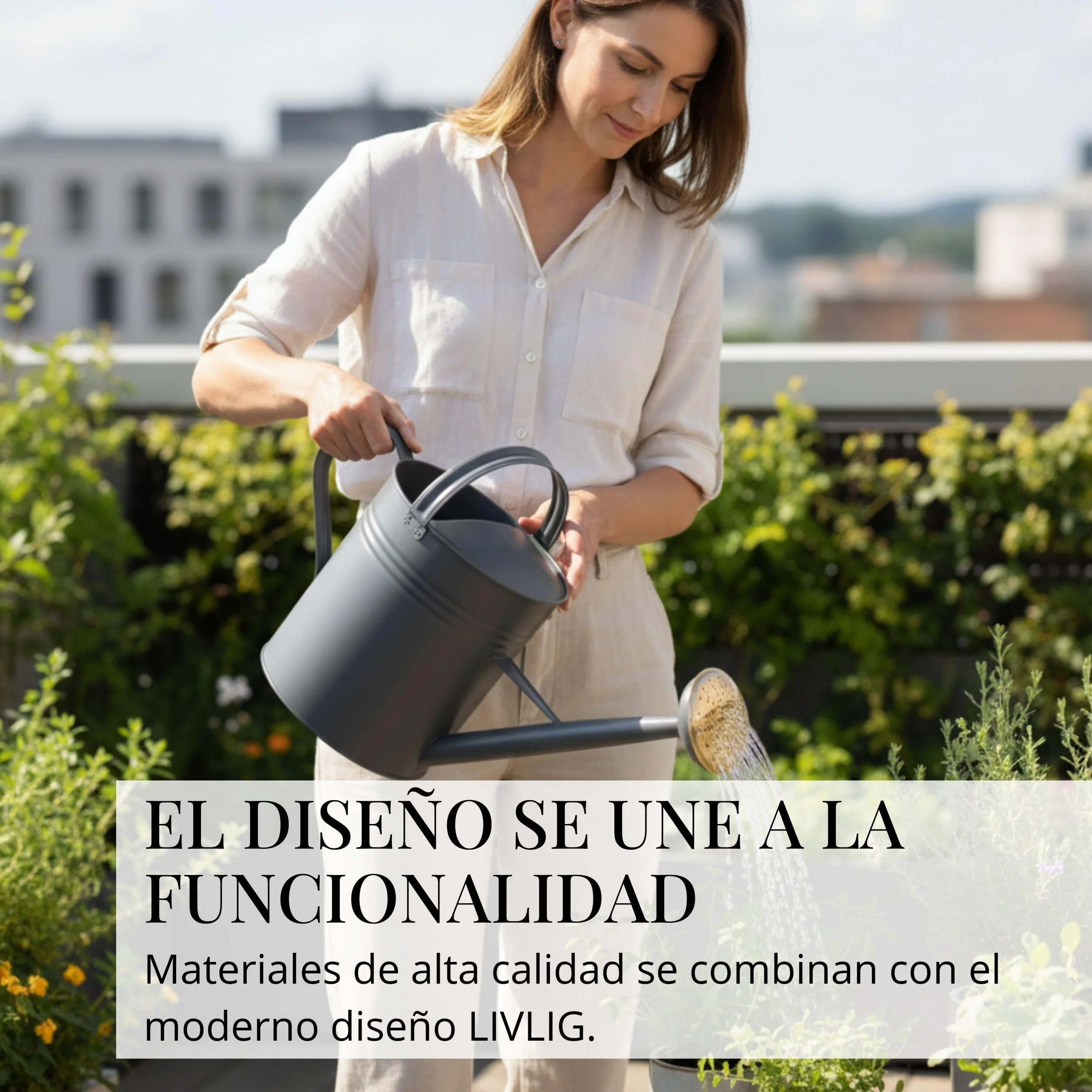 LIVLIG Regadera 10 litros 2 Asas – Jardín con Doble Asa y Alcachofa Desmontable de Latón, Diseño Vintage, Antracita