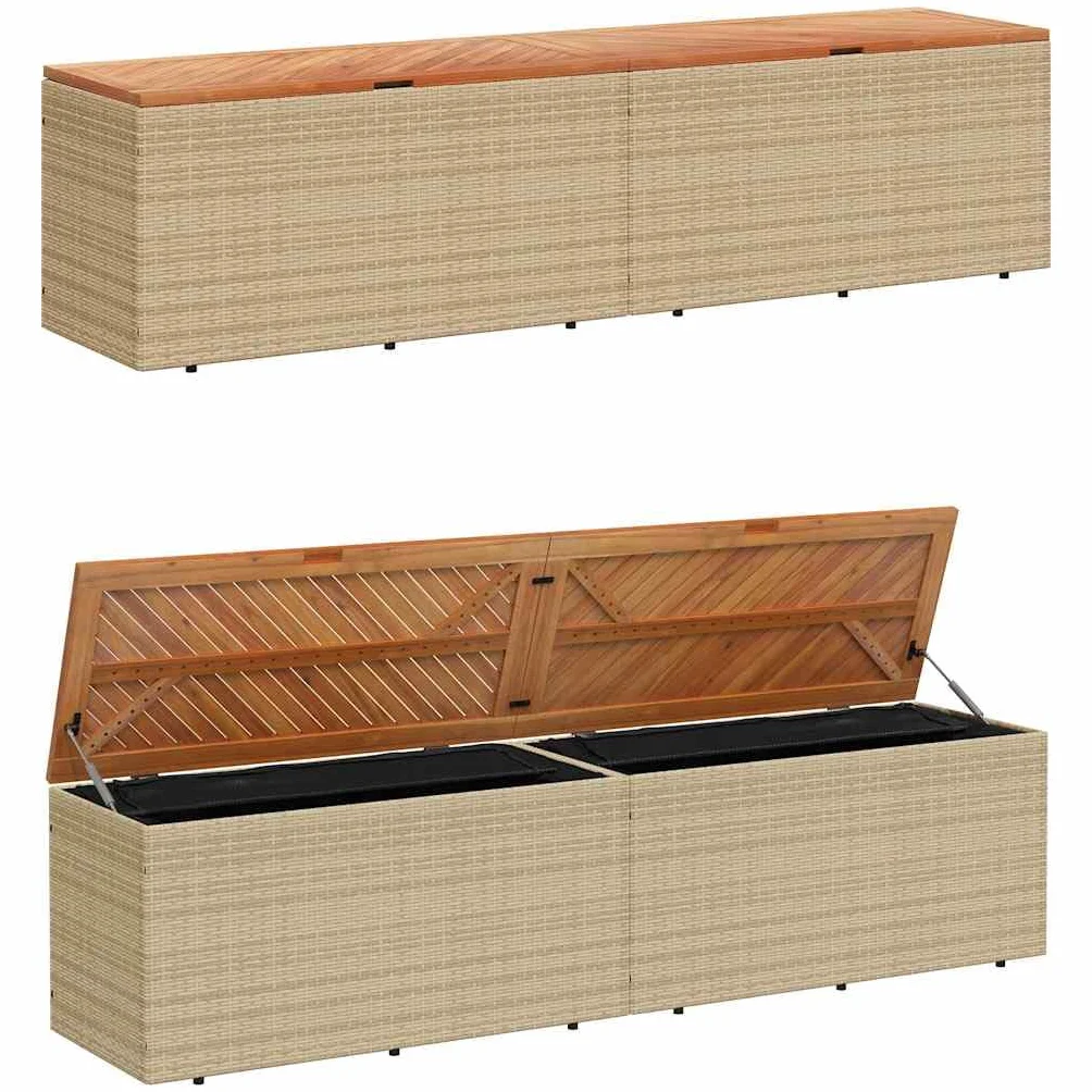vidaXL Caja de Almacenaje de Jardín, Cofre, Asiento Banco Exterior, Baúl Juguetes Patio, Madera Acacia Ratán Beige