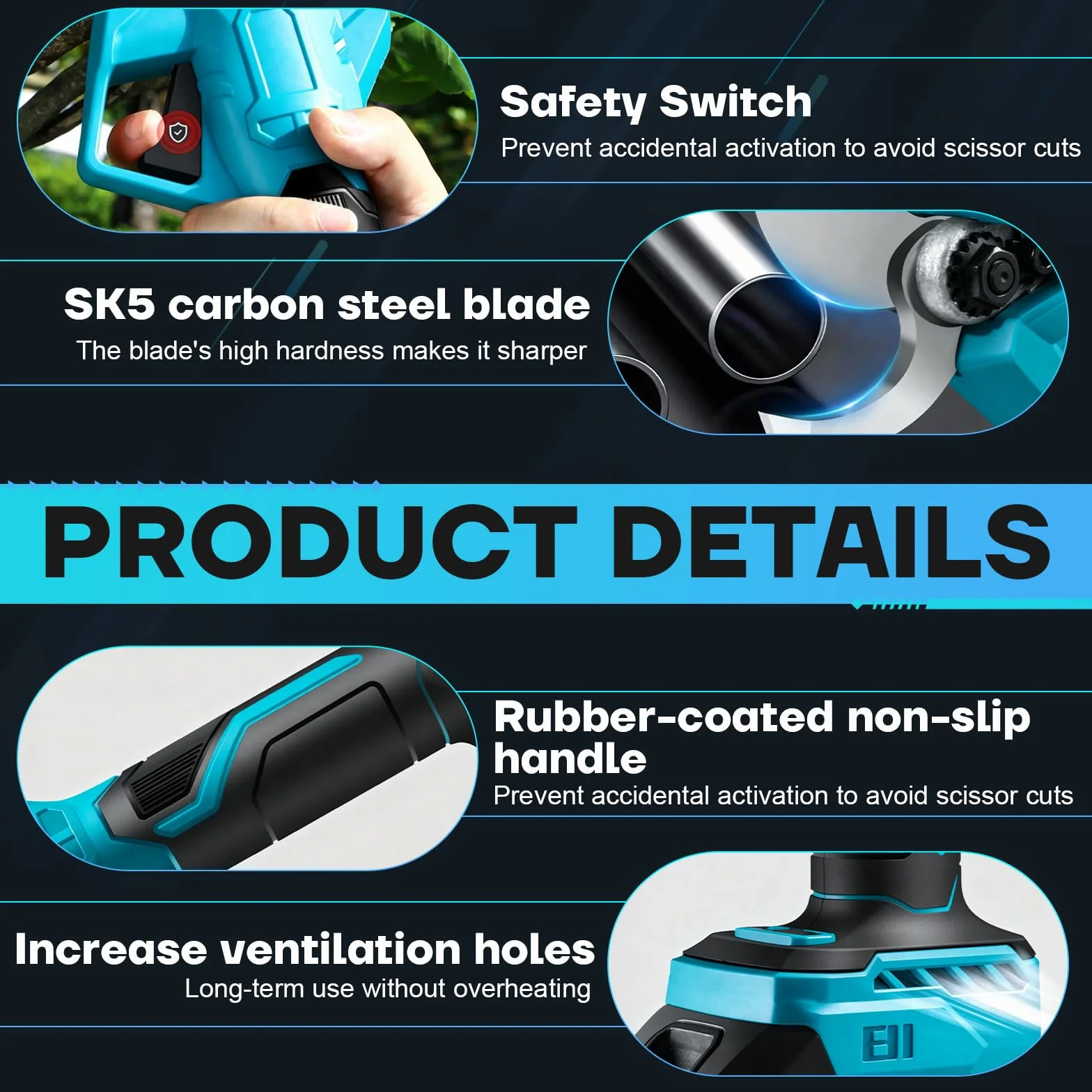 Tijeras de podar eléctricas con batería con motor sin escobillas, cuchillas SK5, batería recargable con indicador de carga, diámetro máximo de corte de 50 mm, para el jardín, 2 baterías de 1500 mAh