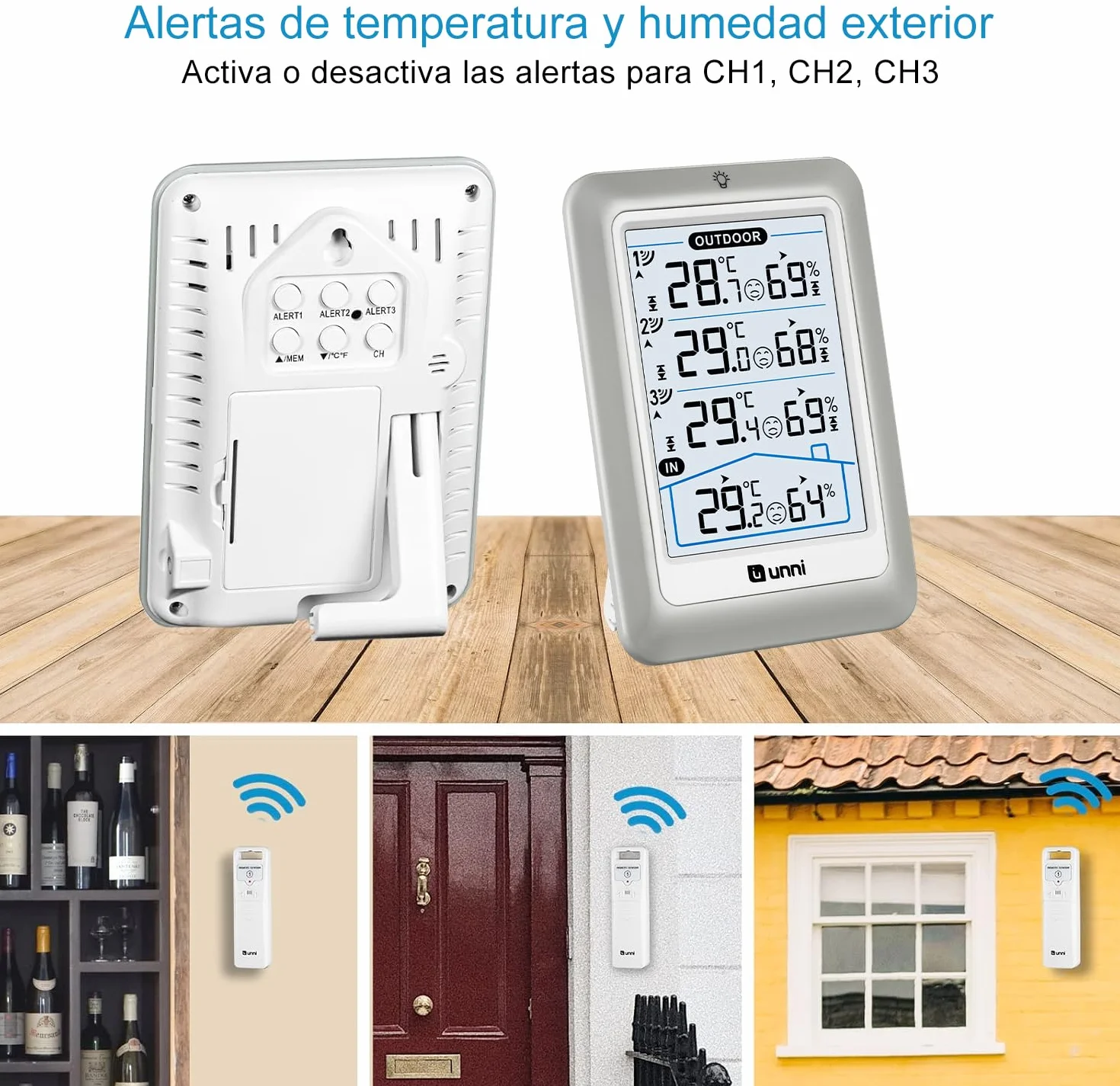 Termómetro inalámbrico con 3 sensores, pantalla 4.5 pulgadas, alcance 100 m, retroiluminación ajustable