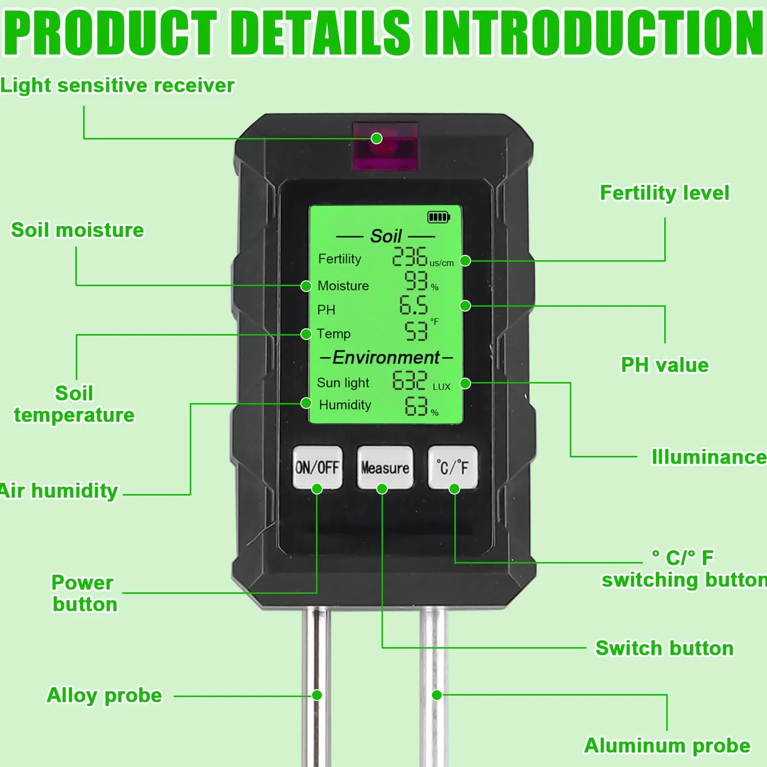 Vegena Medidor de humedad 6 en 1 para plantas, medidor de suelo pH temperatura luz solar humedad ambiental
