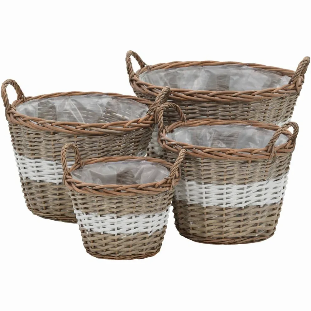 Juego de 4 maceteros de mimbre de mimbre hechos a mano con forro de polietileno, diseño moderno para balcón, jardín y terraza (22 – 40 cm), color marrón y blanco