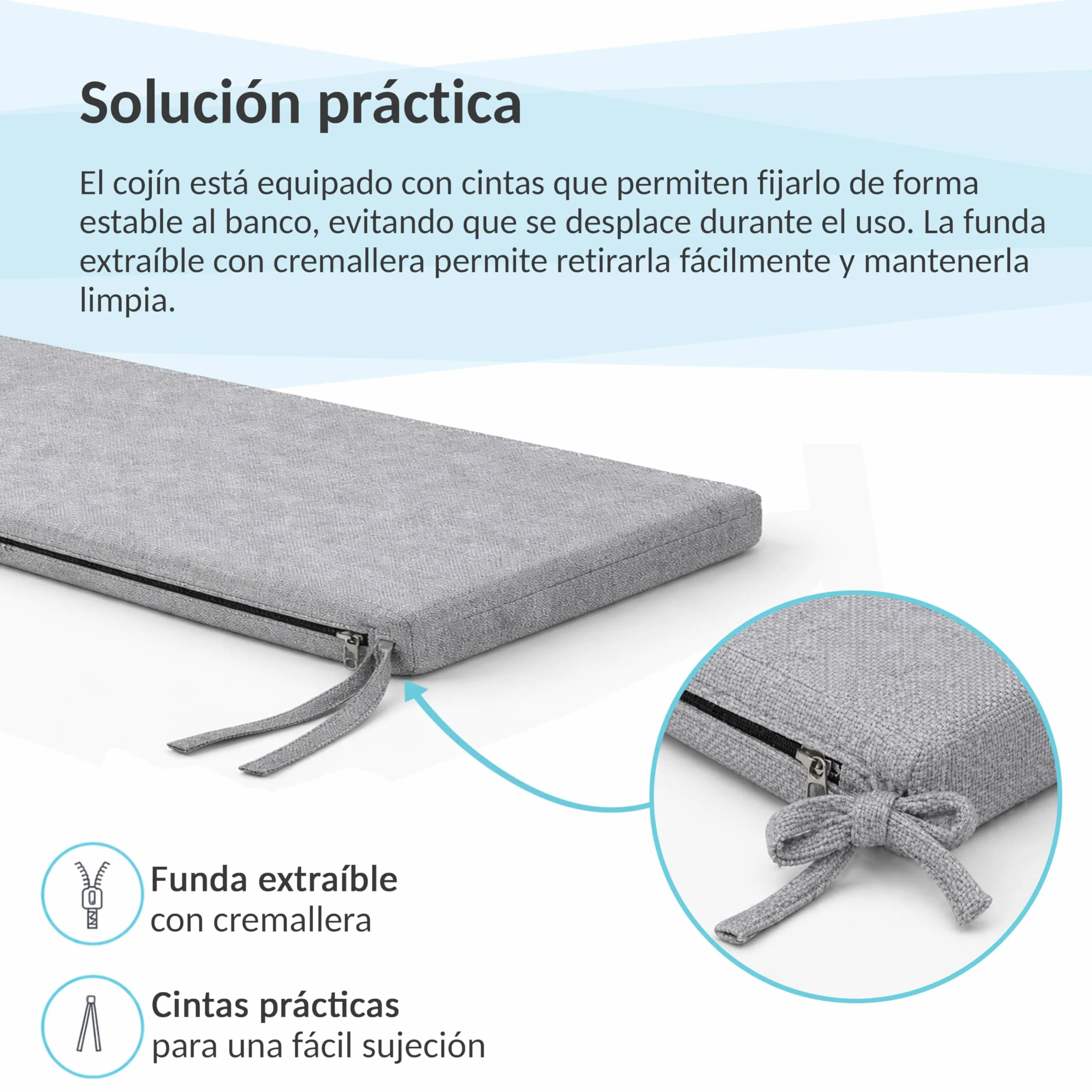 POKAR Cojín de Banco 100x40 cm Funda Extraíble Cintas Antideslizantes Oeko-Tex Antracita