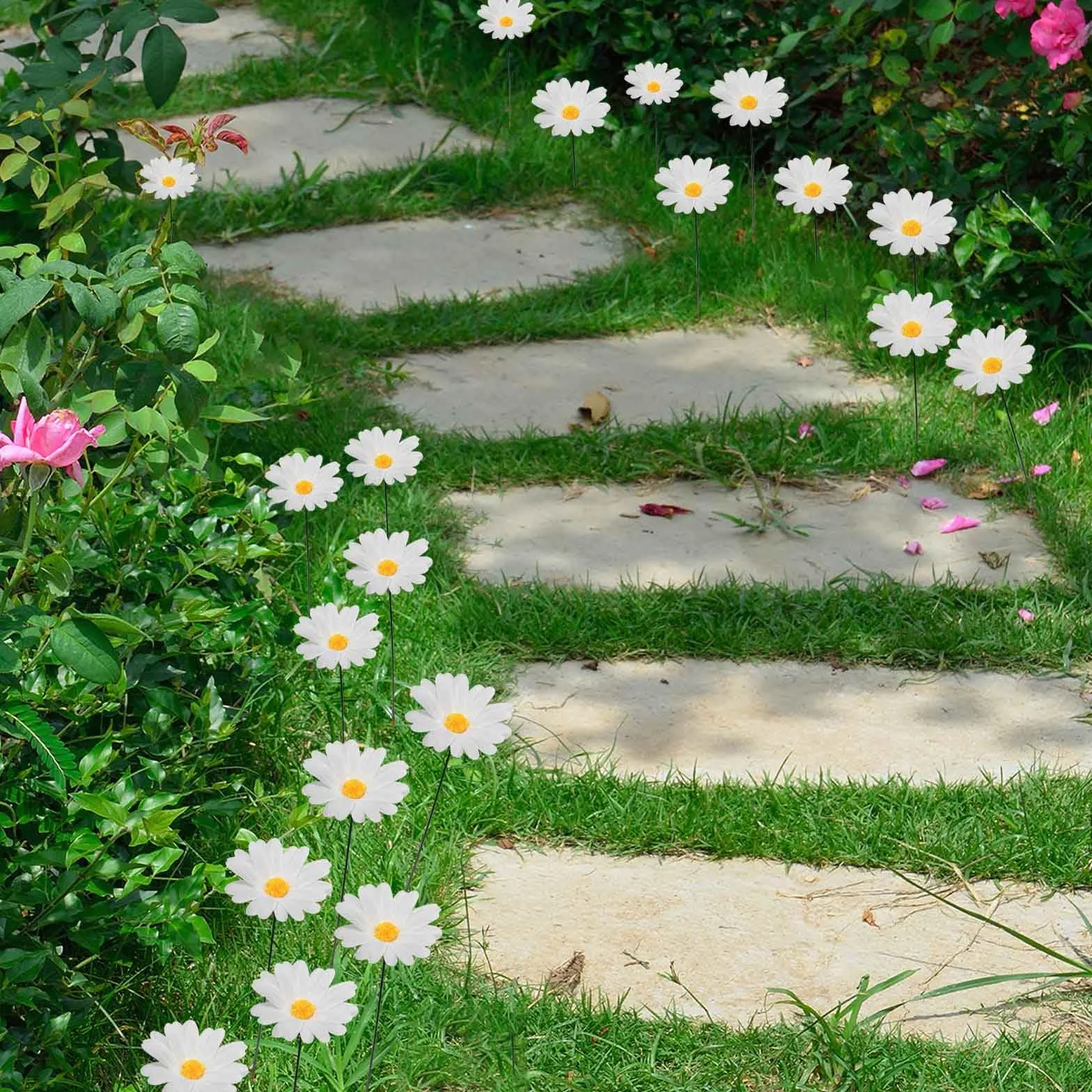Juego de 10 estacas de jardín de metal con forma de margaritas para decoración exterior