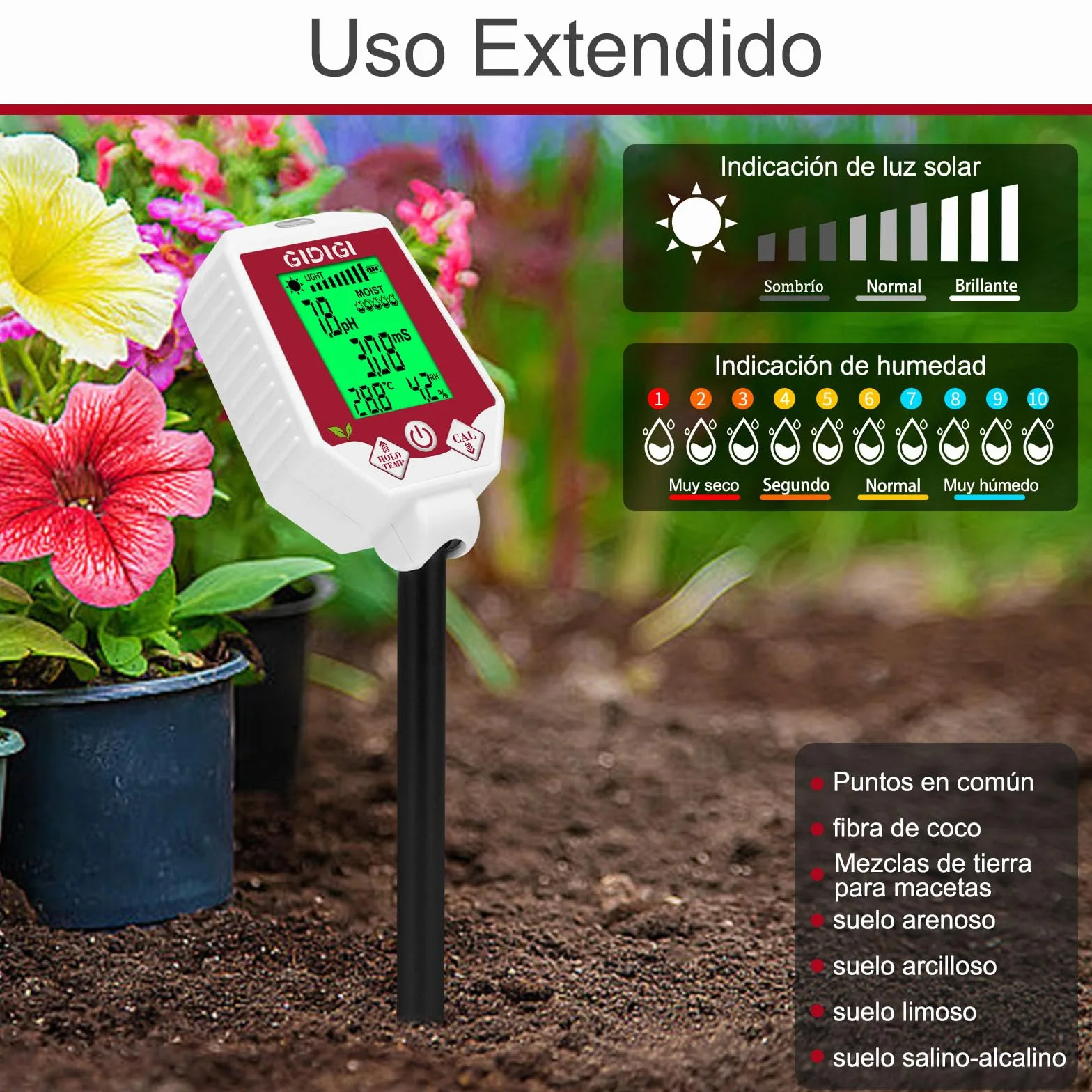 Medidor de pH y Humedad del Suelo 6 en 1, Monitor Digital para Plantas, Jardinería y Agricultura