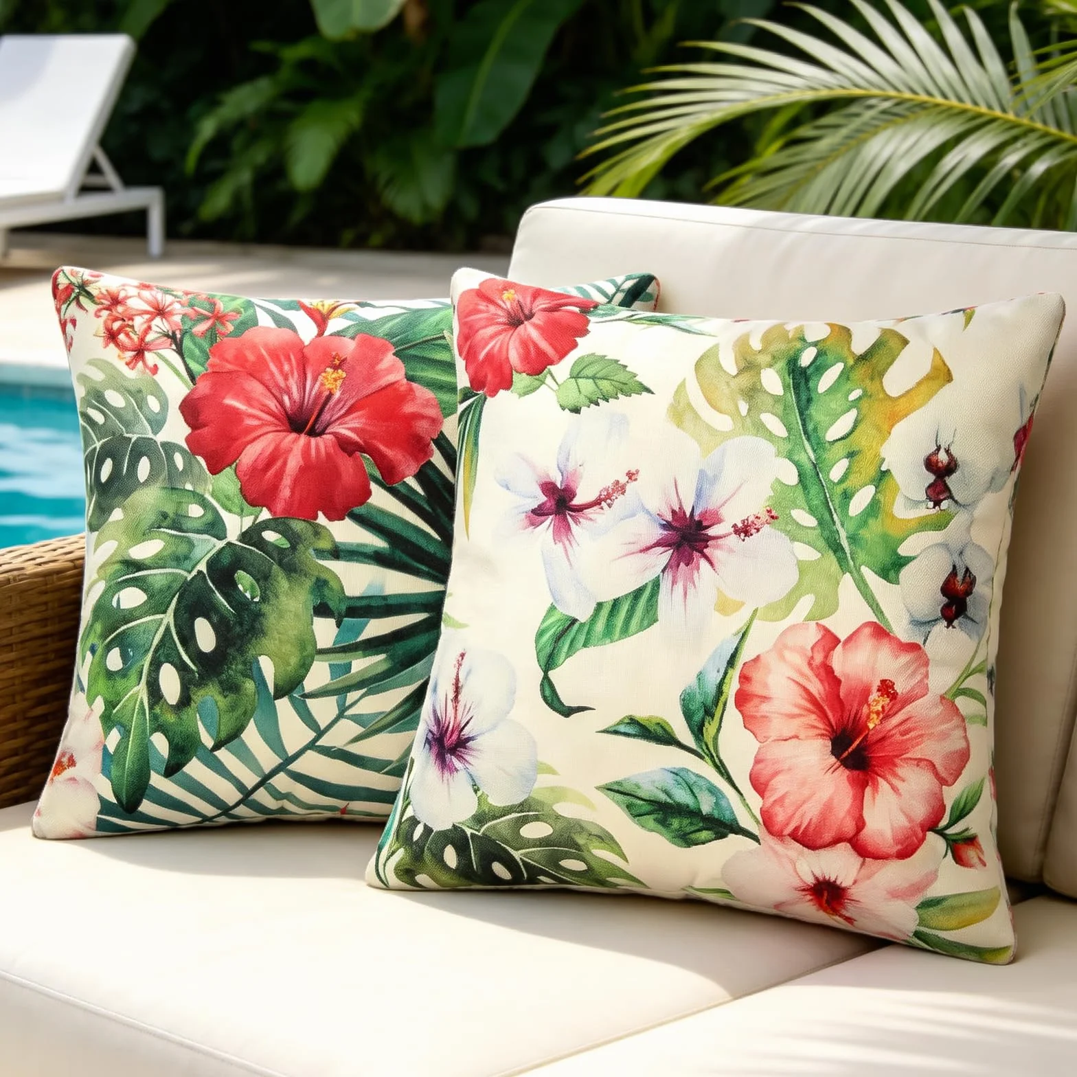 Funda Cojin Exterior Impermeable 45x45 CM Flor Colorida Hojas Monstera Lino Sofa Jardin 2 Piezas