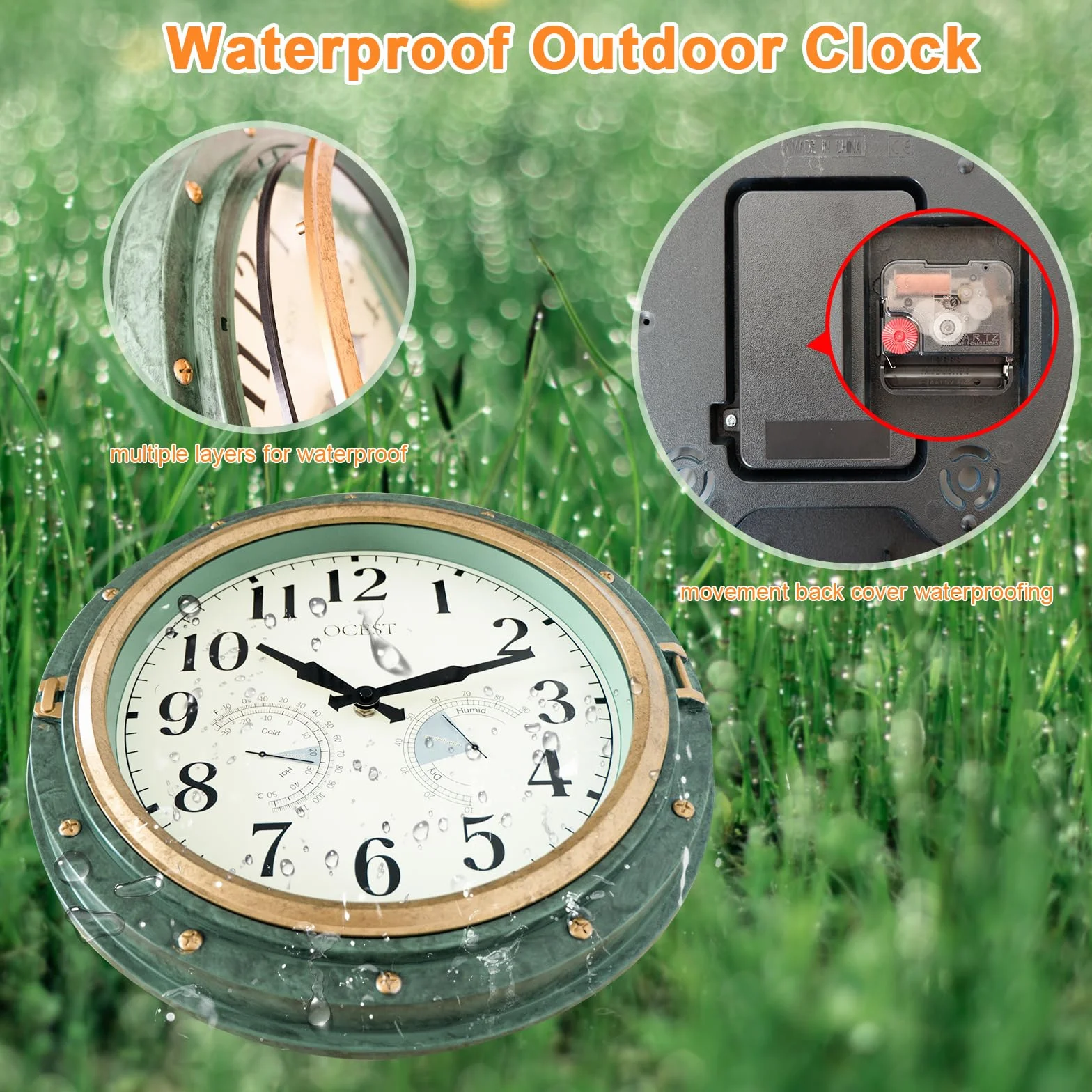 OCEST Reloj de pared impermeable 16 pulgadas termómetro higrómetro silencioso sin tictac funciona con pilas decoración hogar patio verde retro
