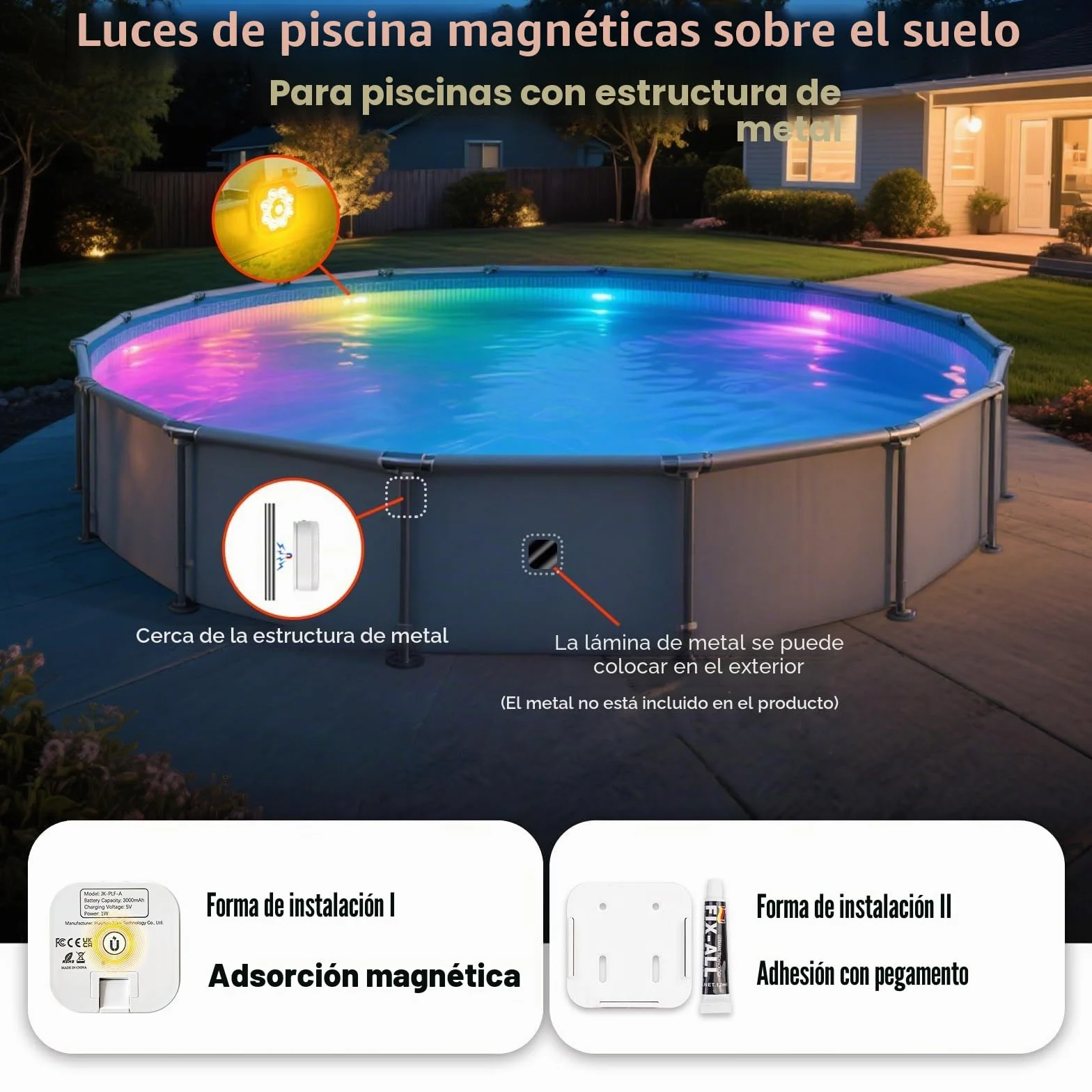 Pack de 4 Luces Piscina Sumergibles LED Recargable IP68 16 Modos Color Control Remoto Imanes
