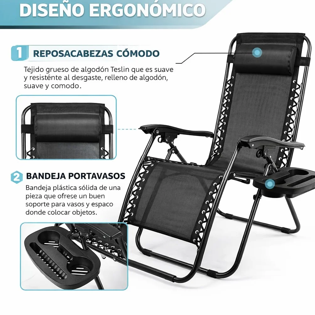 Tumbonas Plegables Exterior 150kg Portavasos Reposacabezas Pack 2
